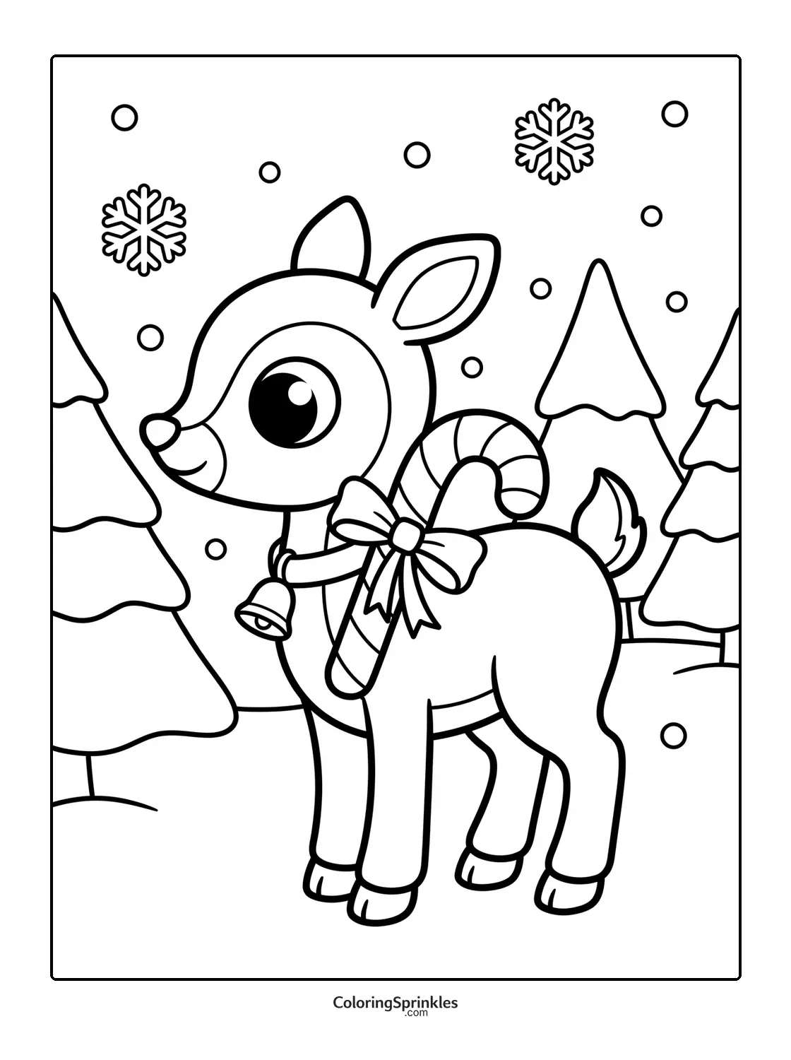Coloring page of a reindeer with a candy cane in a snowy winter forest