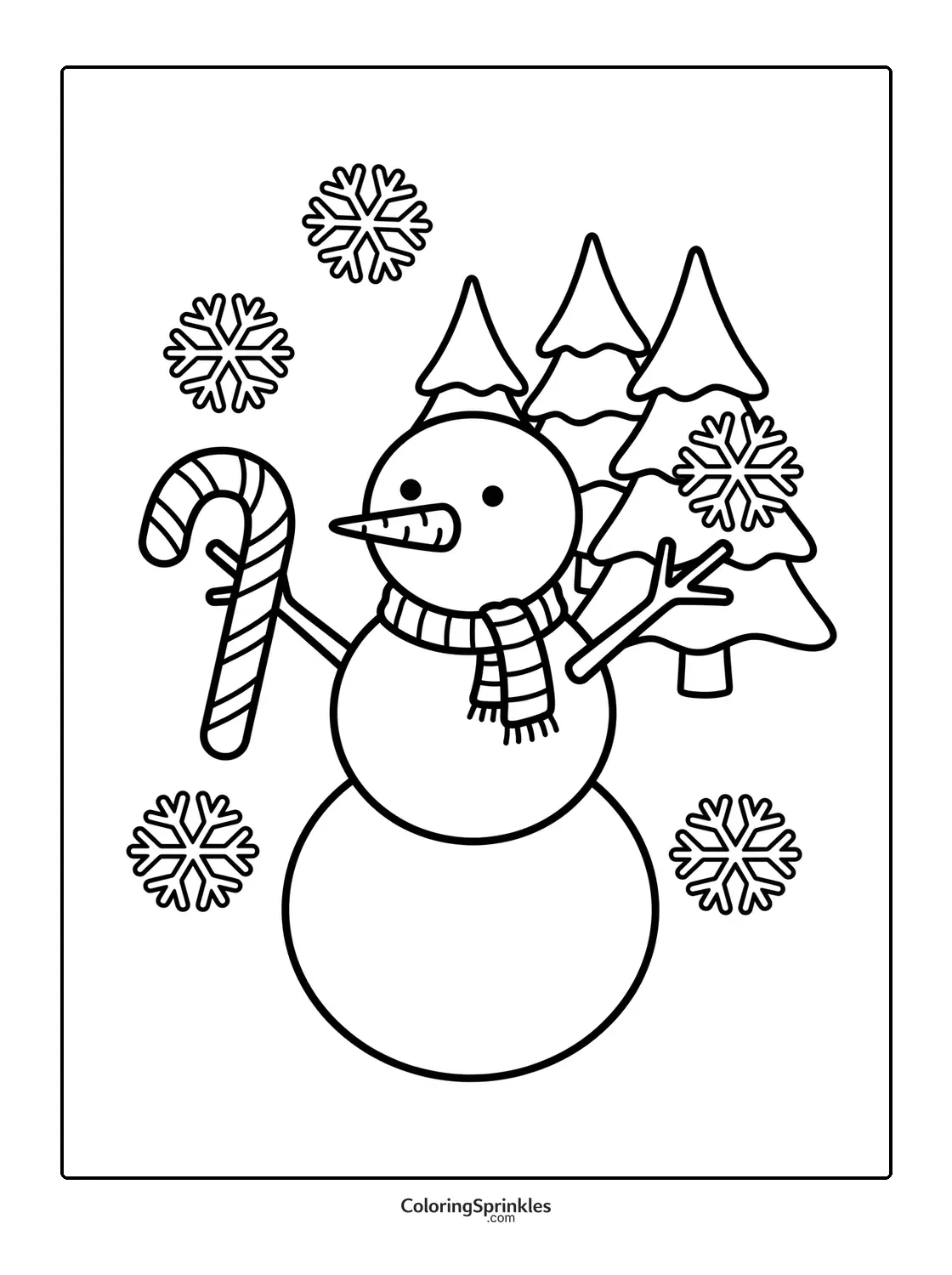 Coloring page of a snowman holding a candy cane with pine trees and snowflakes