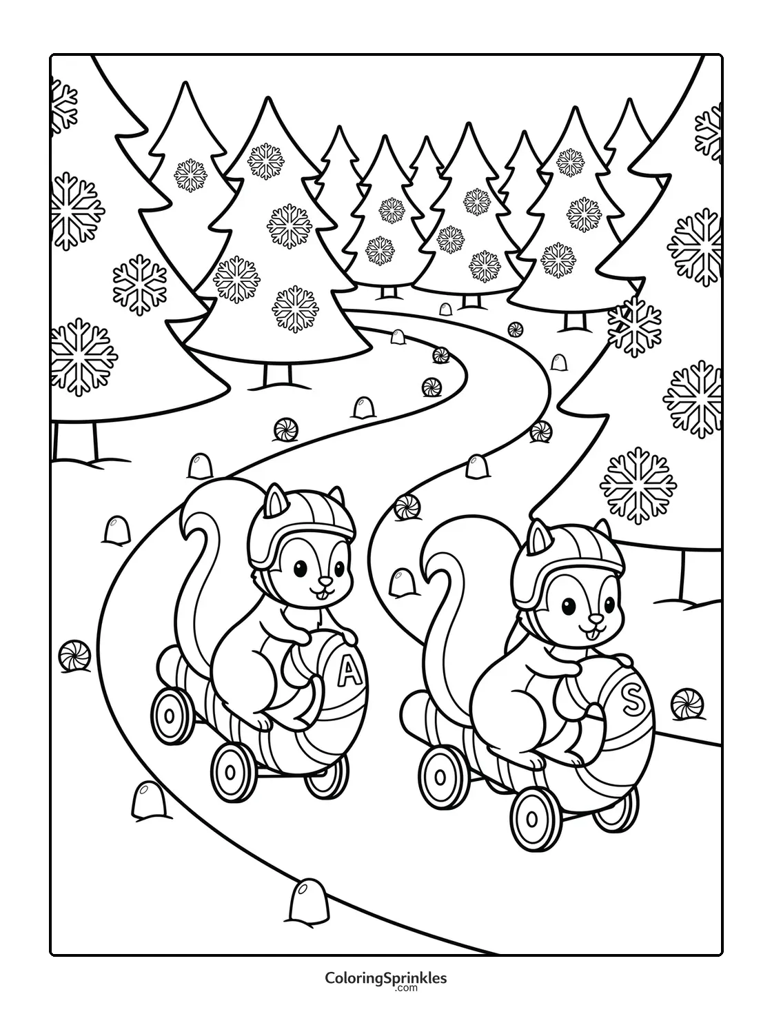 Coloring page of squirrels racing on candy cane vehicles in a forest