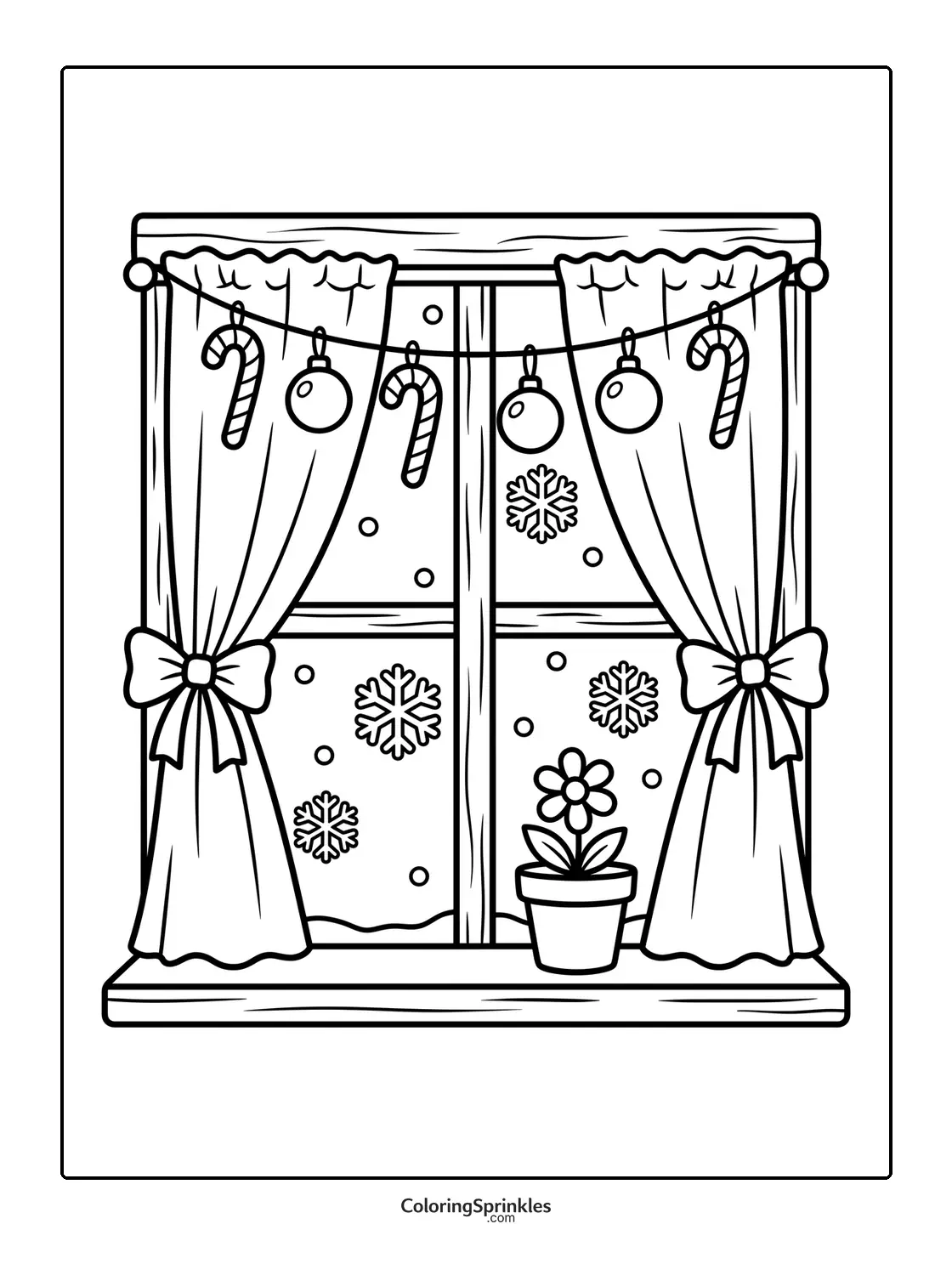 Coloring page of a window with curtains, candy canes, snowflakes and a flower pot