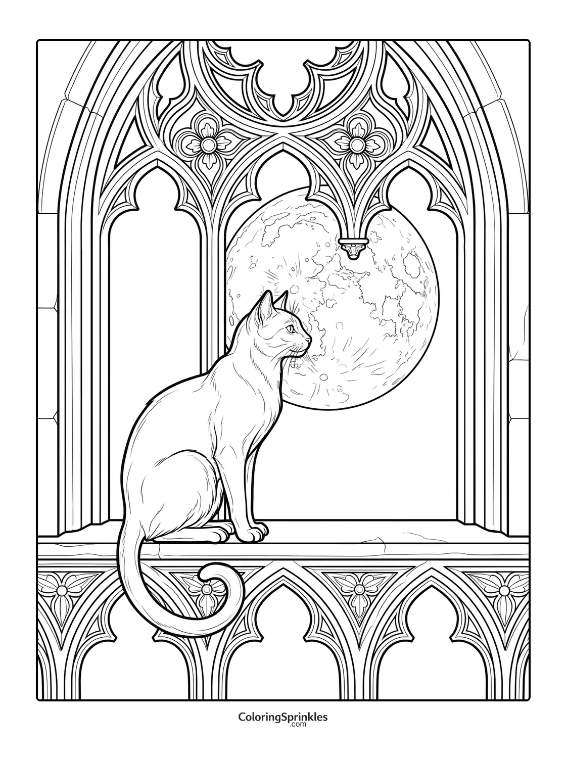 Coloring page of a cat sitting by a gothic window with a full moon
