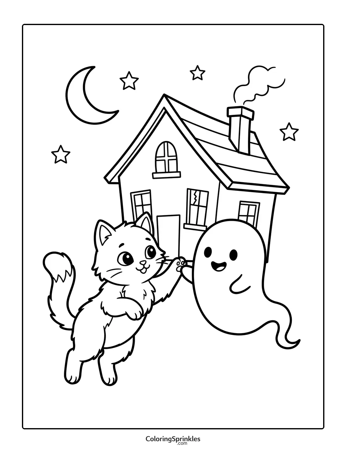 Coloring page of a cat and a ghost holding paws in front of a house at night