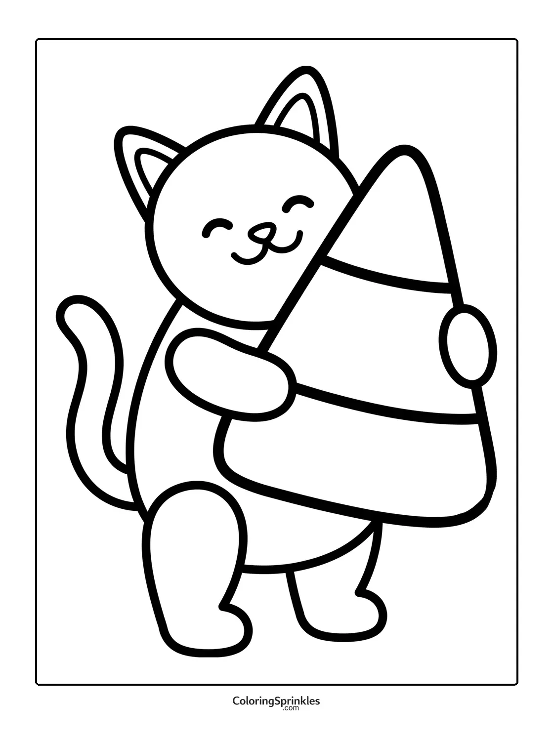 Coloring page of a happy cat holding a large candy corn