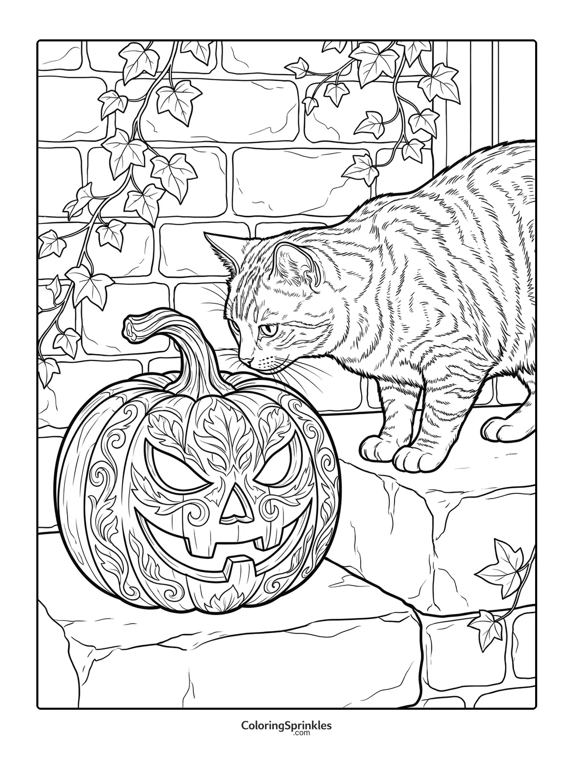 Coloring page of a cat sniffing a carved Halloween pumpkin by an ivy-covered brick wall