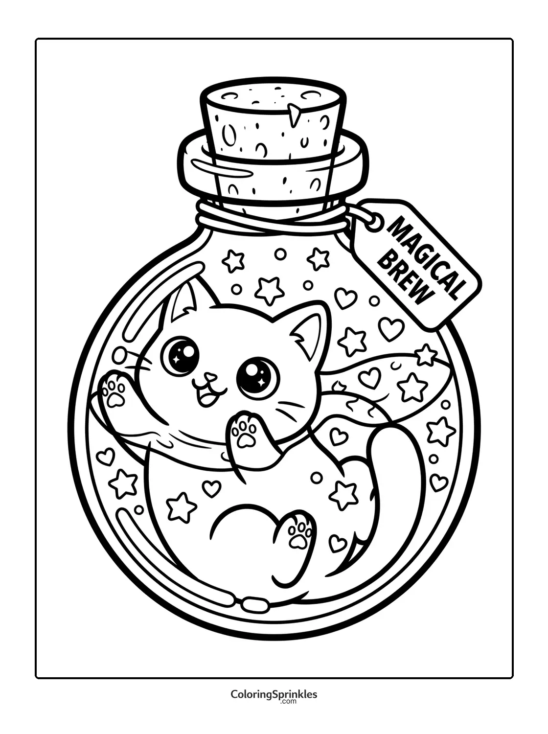 Coloring page of a cute cat inside a magical brew bottle with fairy wings