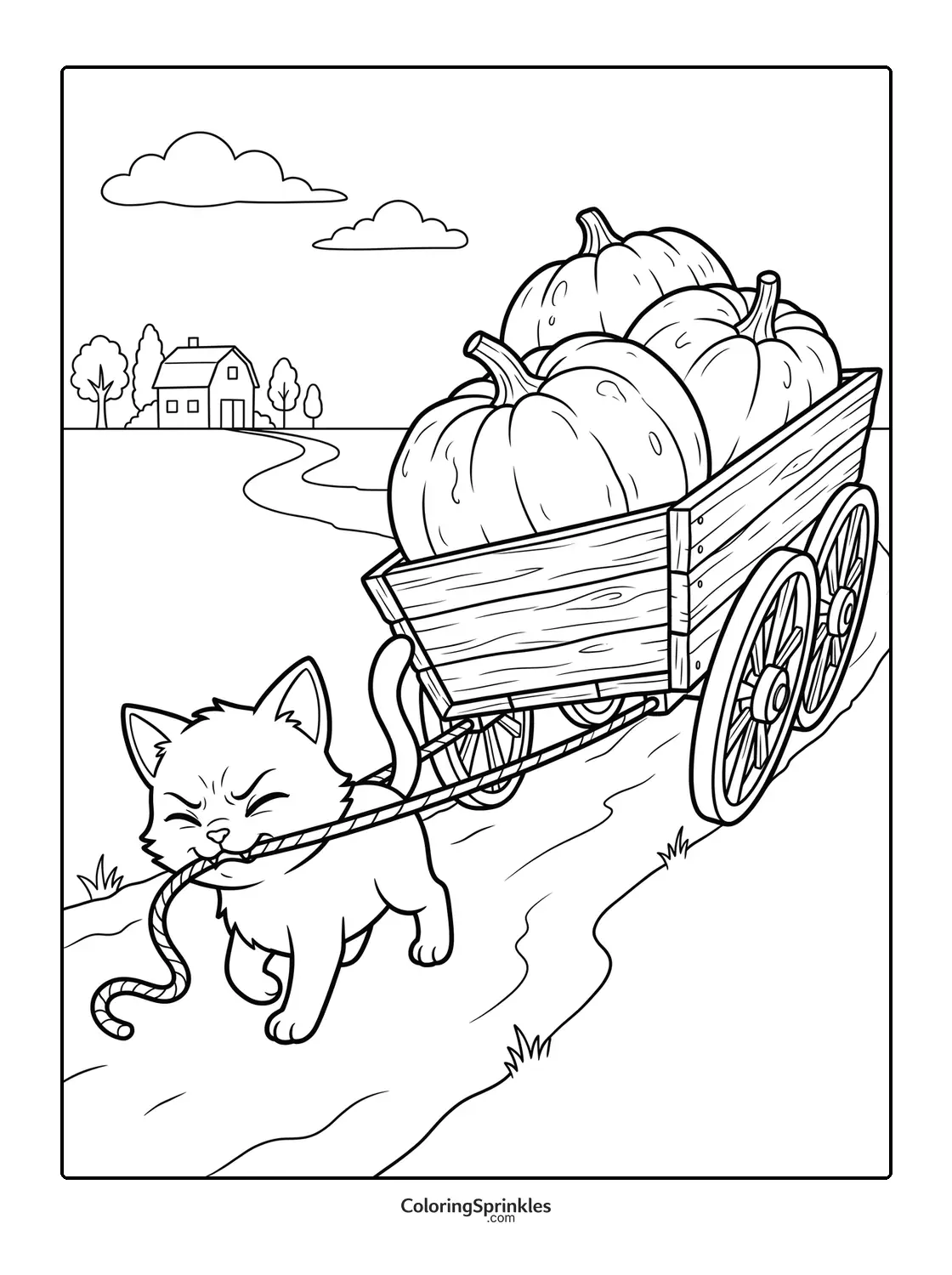 Coloring page of a cat pulling a cart full of pumpkins on a farm path