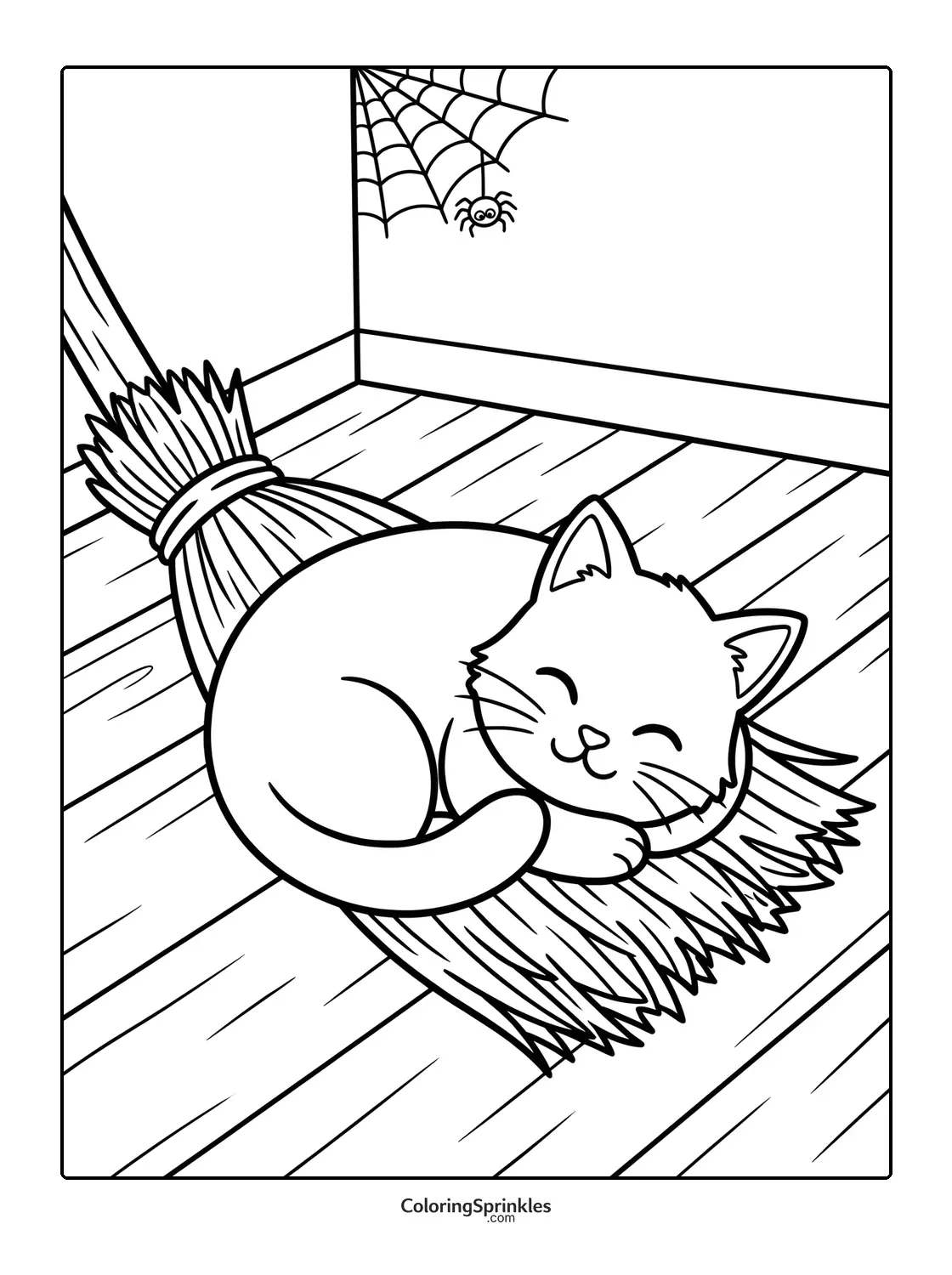 Coloring page of a cat sleeping on a broom with a spider web in the corner