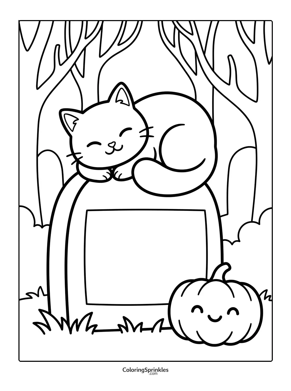 Coloring page of a cat sleeping on a gravestone with a smiling pumpkin