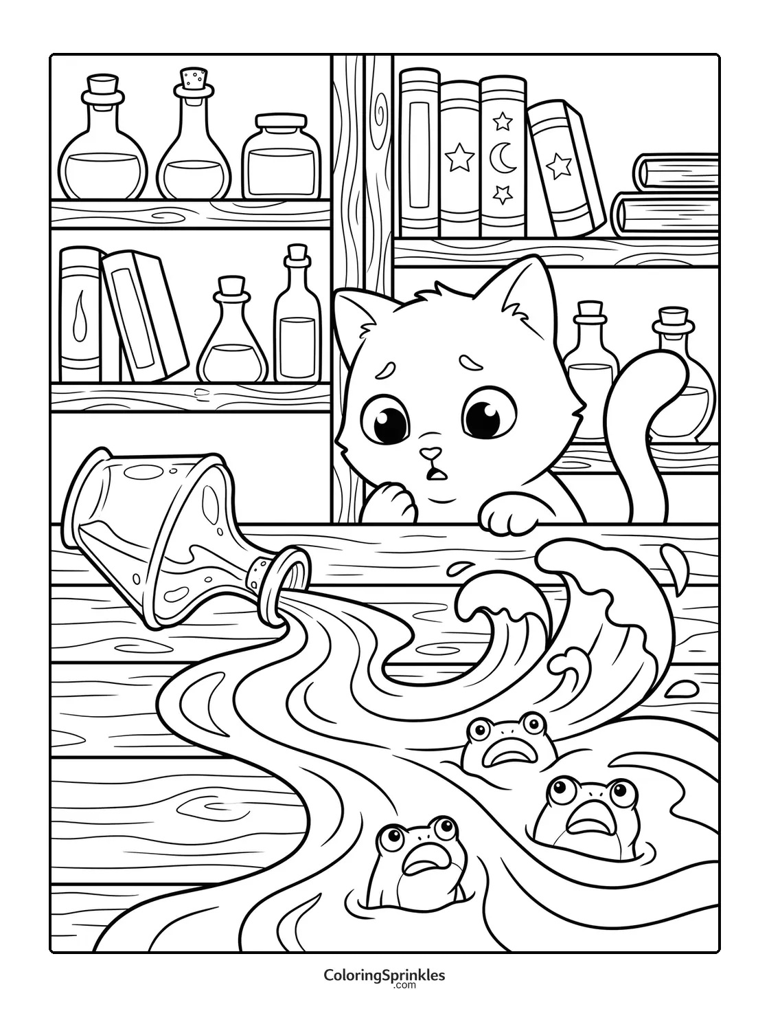 Coloring page of a cat watching spilled potion with frogs in a library