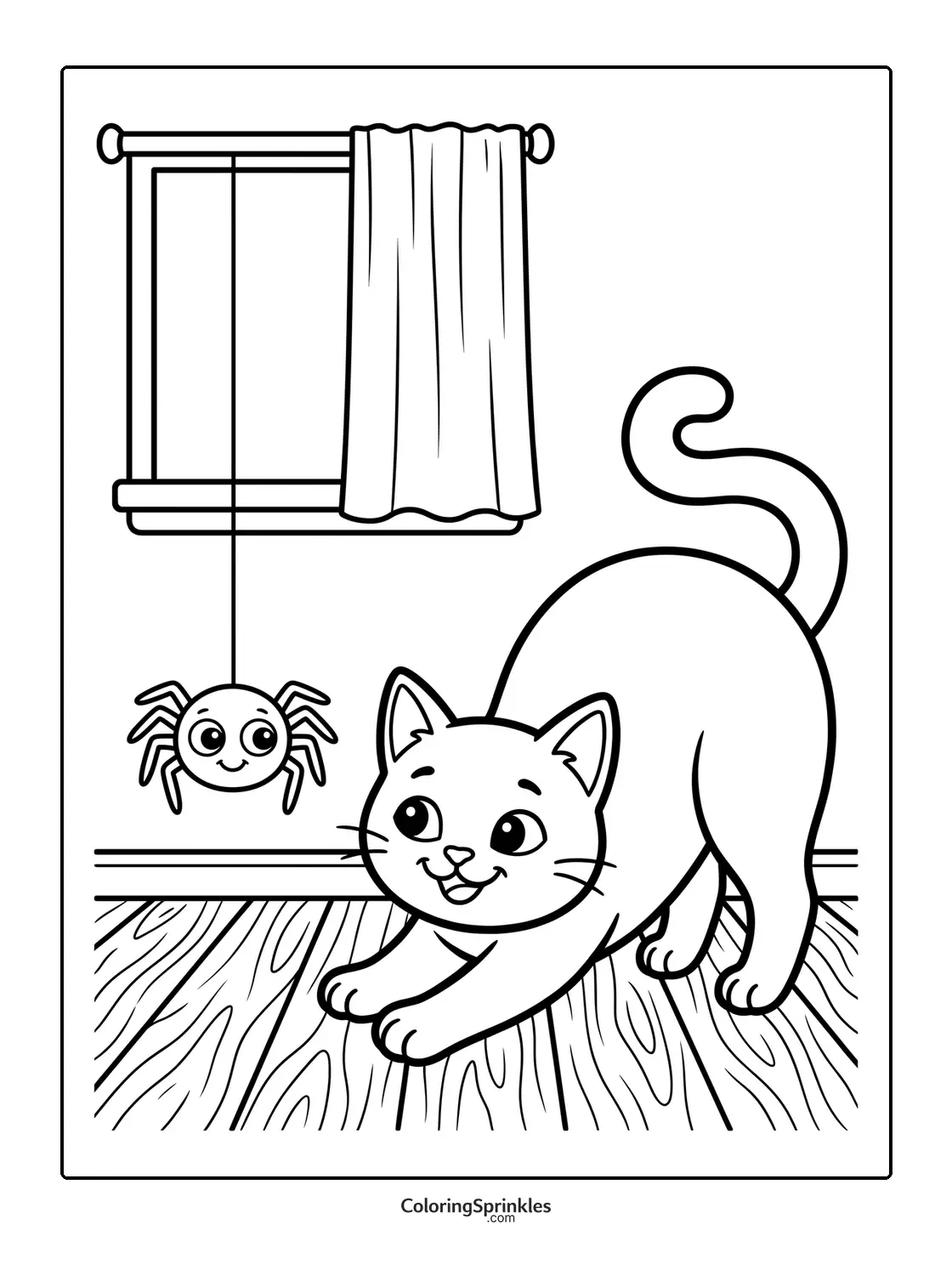 Coloring page of a cat stretching near a hanging spider in a room