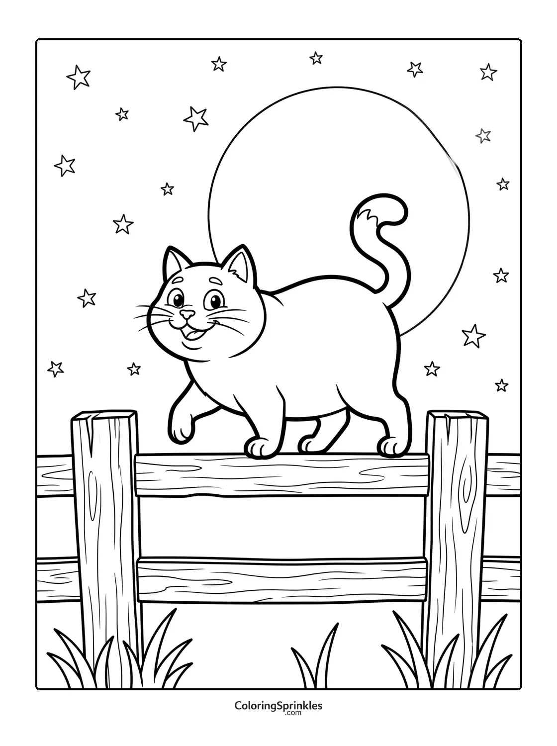Coloring page of a cat walking on a fence at night with moon and stars