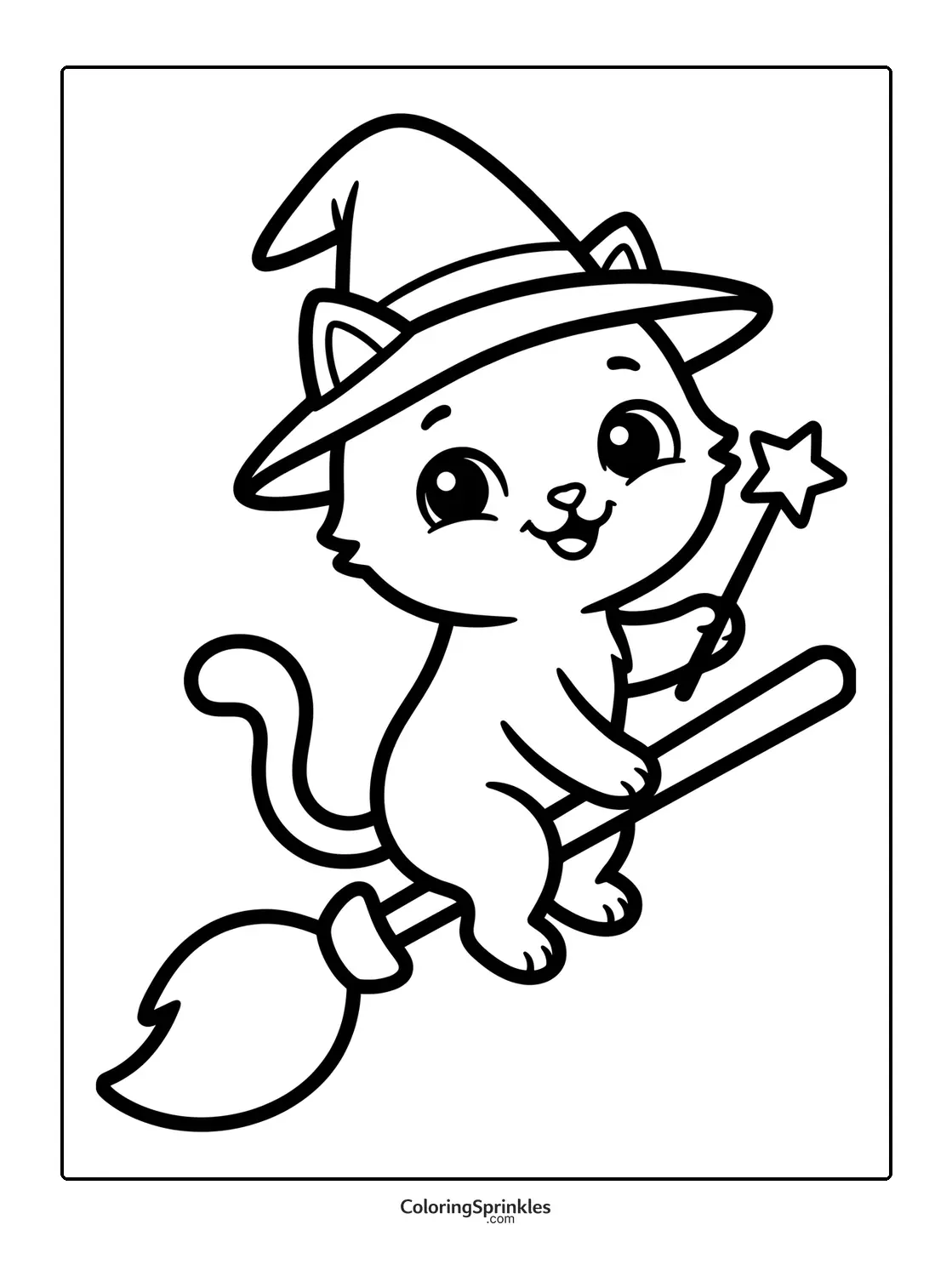 Coloring page of a cat dressed as a witch riding a broomstick and holding a magic wand