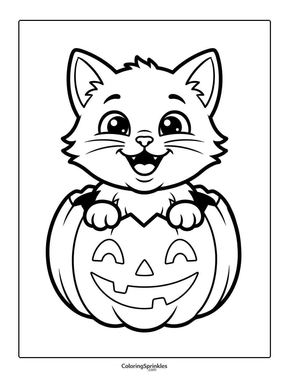 Coloring page of a cute cat inside a Halloween pumpkin