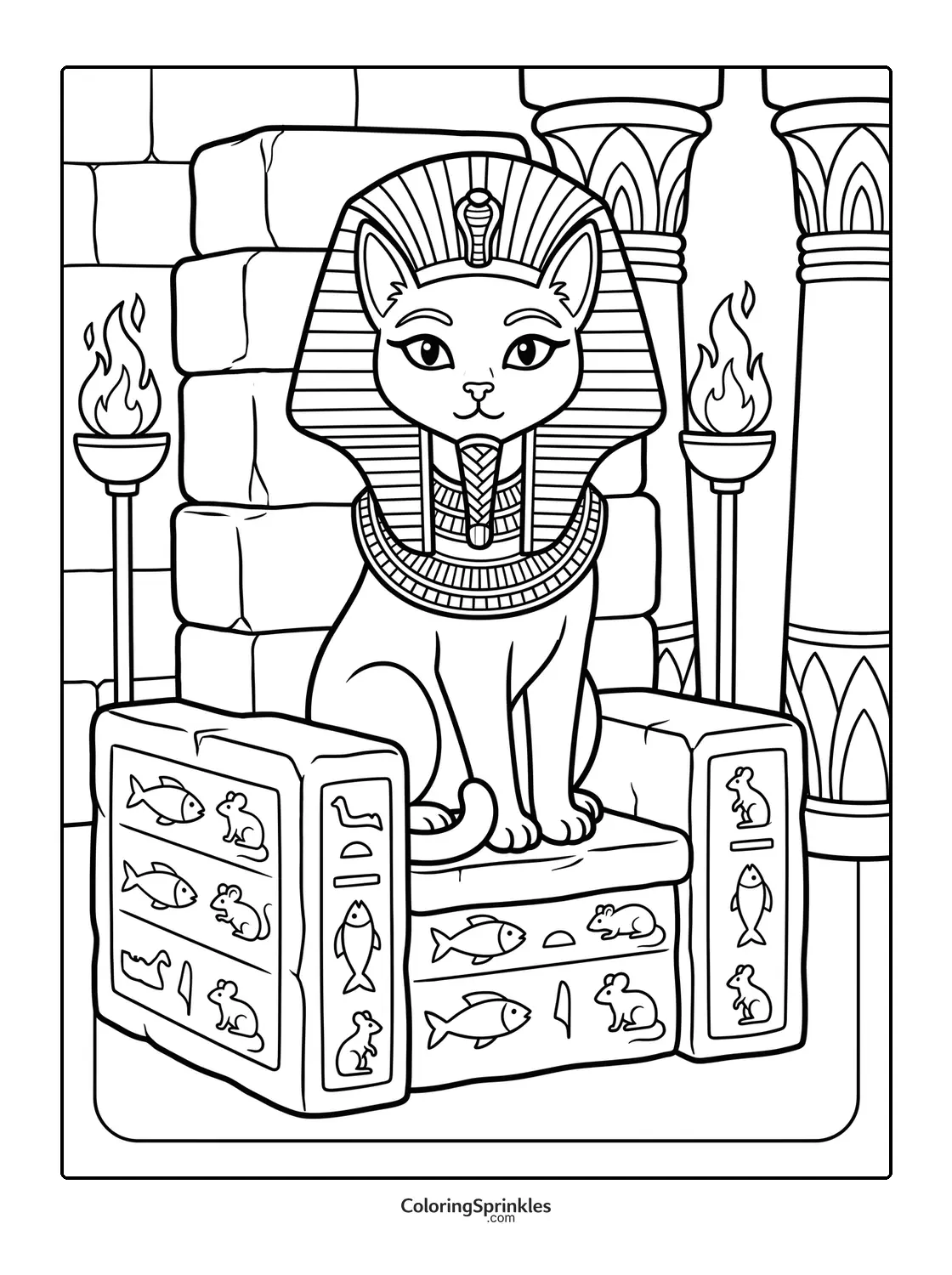Coloring page of an Egyptian cat pharaoh sitting on a throne with torches