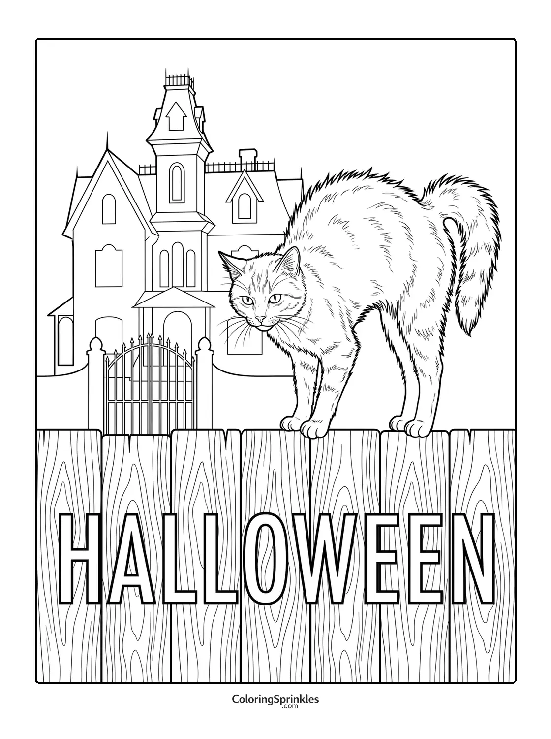 Coloring page of a Halloween cat on a fence with a haunted house