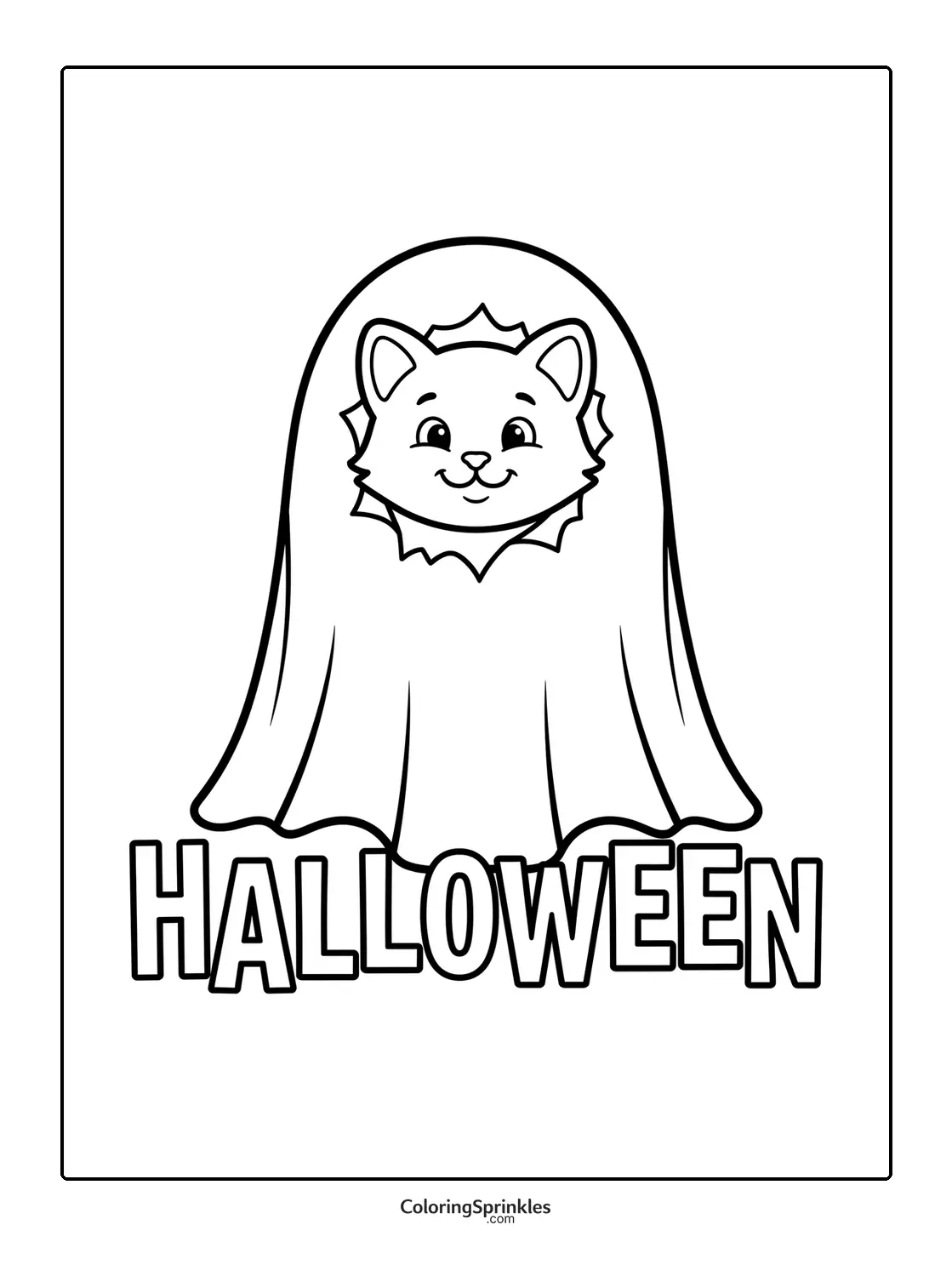 Coloring page of a cat dressed as a ghost for Halloween
