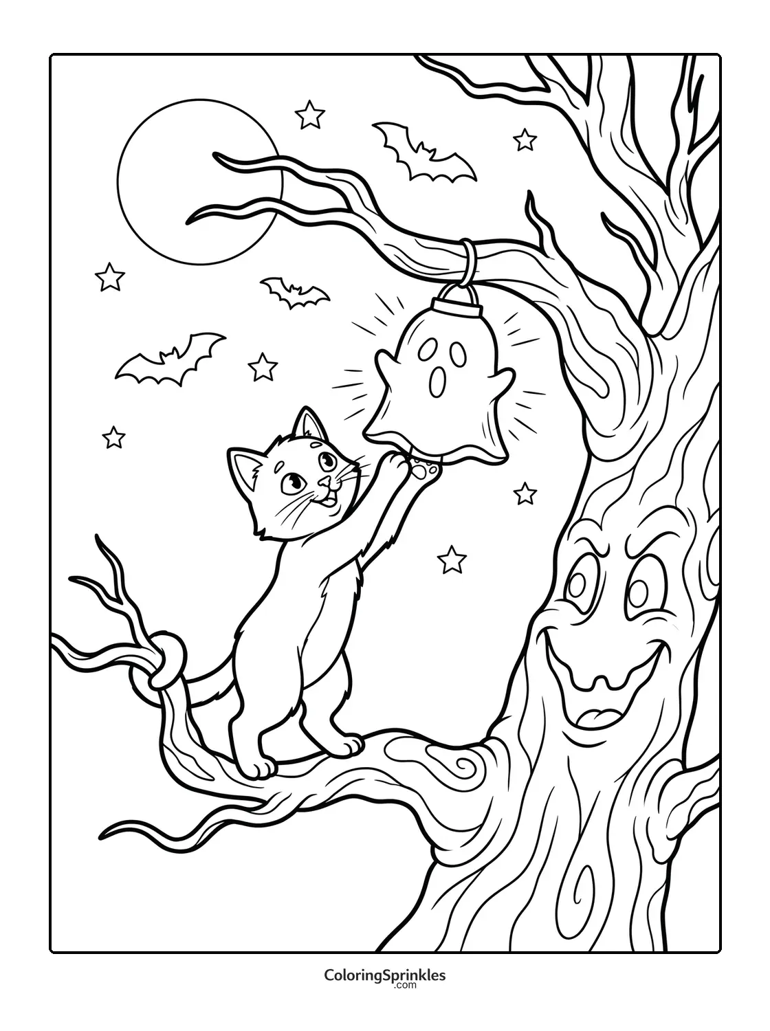 Coloring page of a Halloween cat reaching for a ghost lantern on a spooky tree