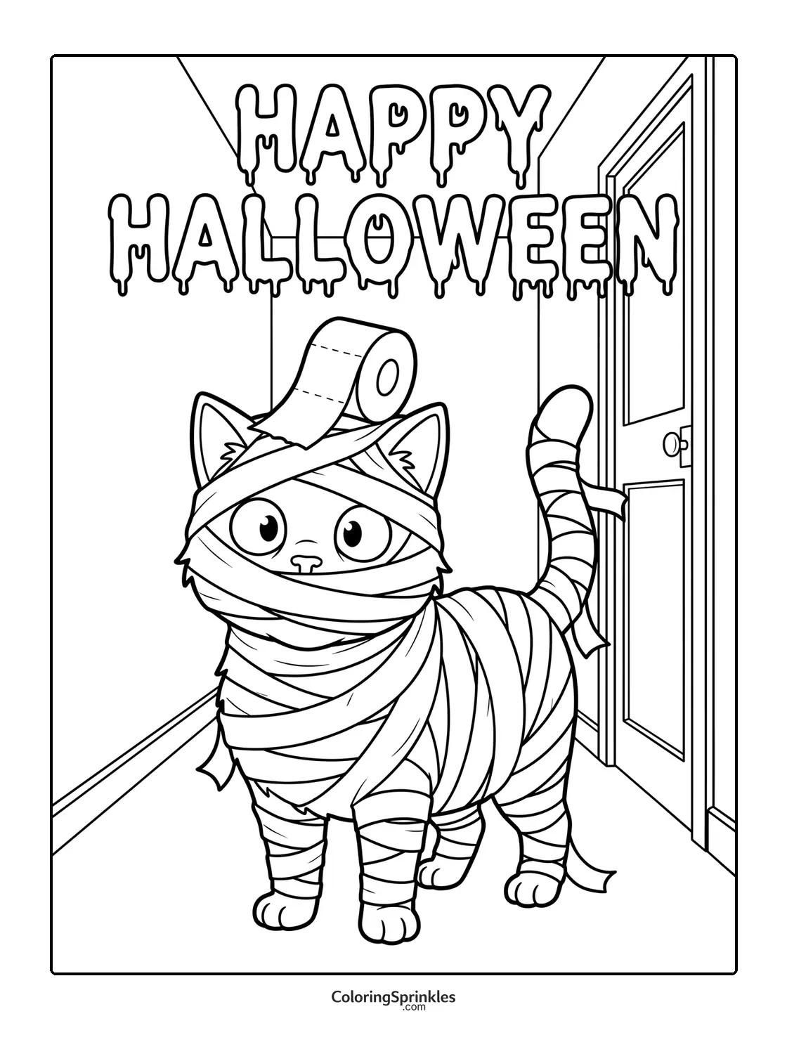 Coloring page of a cat wrapped in toilet paper like a mummy in a hallway