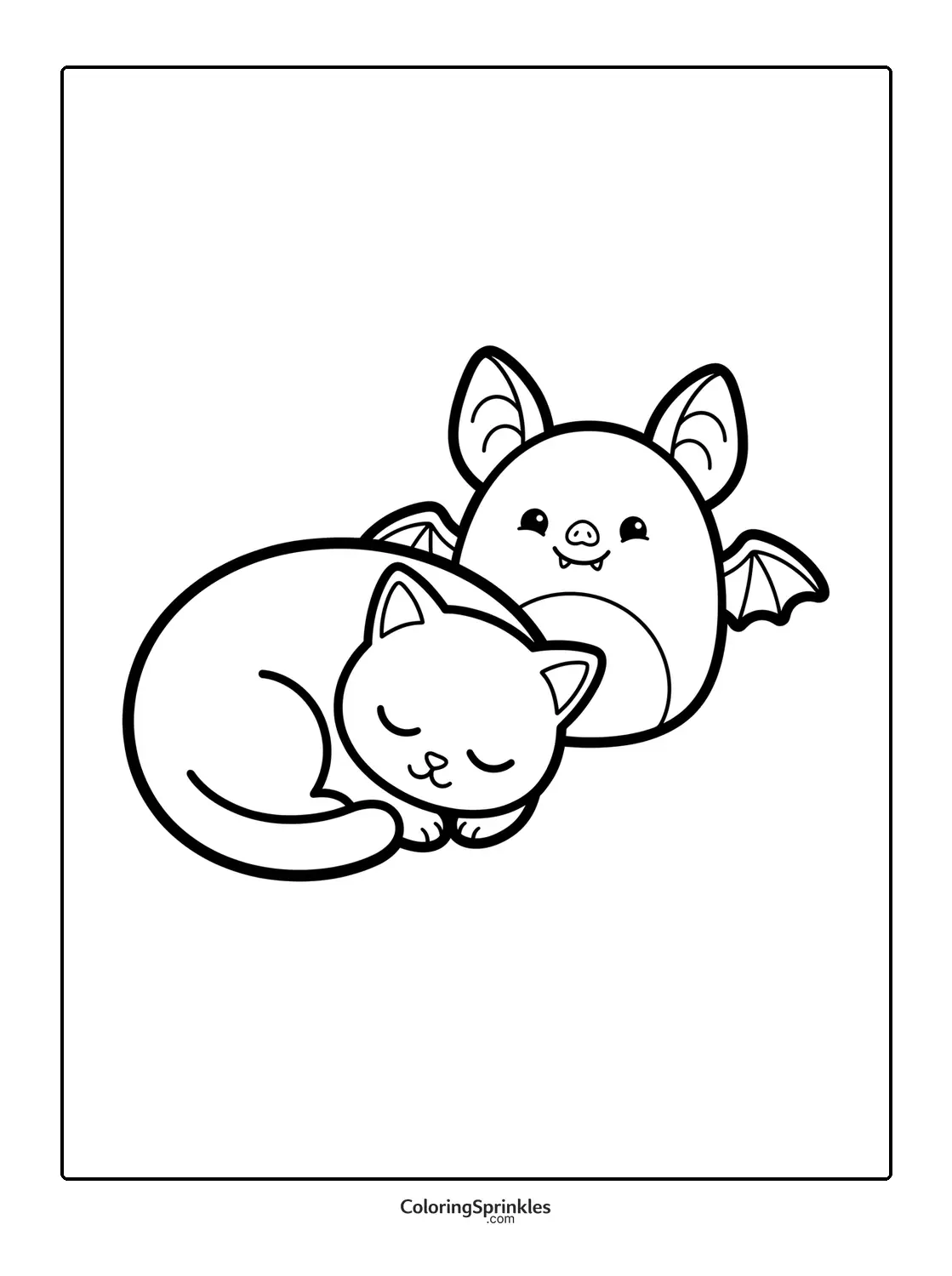 Coloring page of a sleeping cat with a cute Halloween bat
