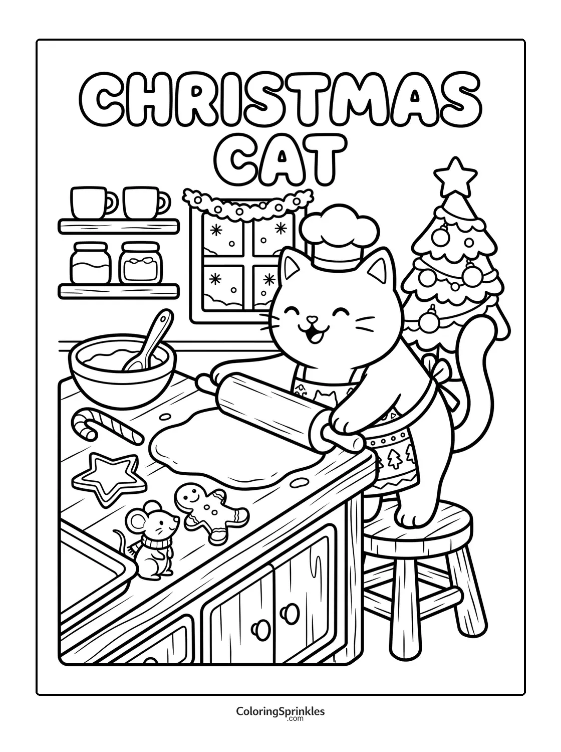 Coloring page of a Christmas cat baking cookies in a kitchen with a decorated tree