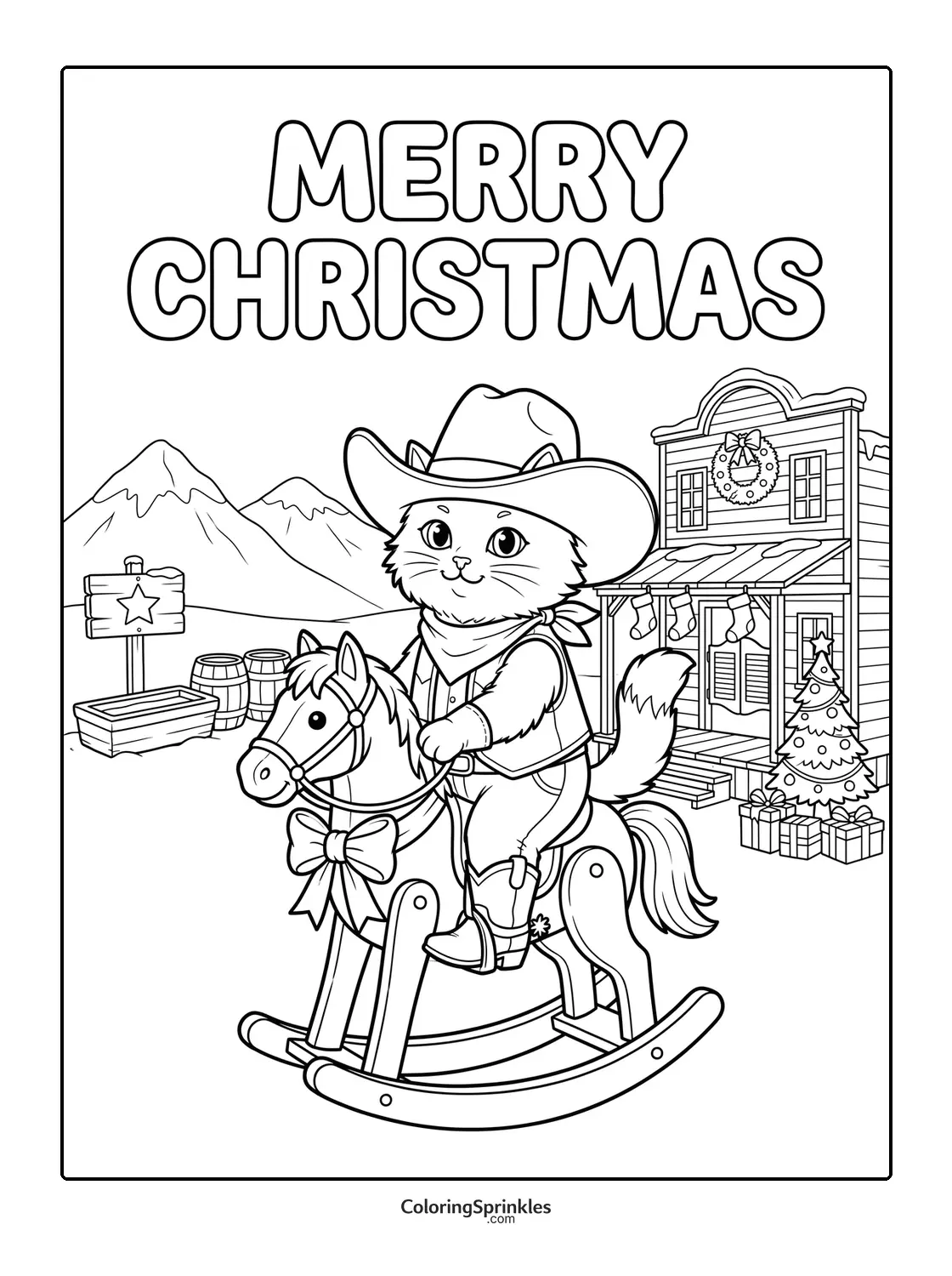 Coloring page of a Christmas cat dressed as a cowboy riding a rocking horse