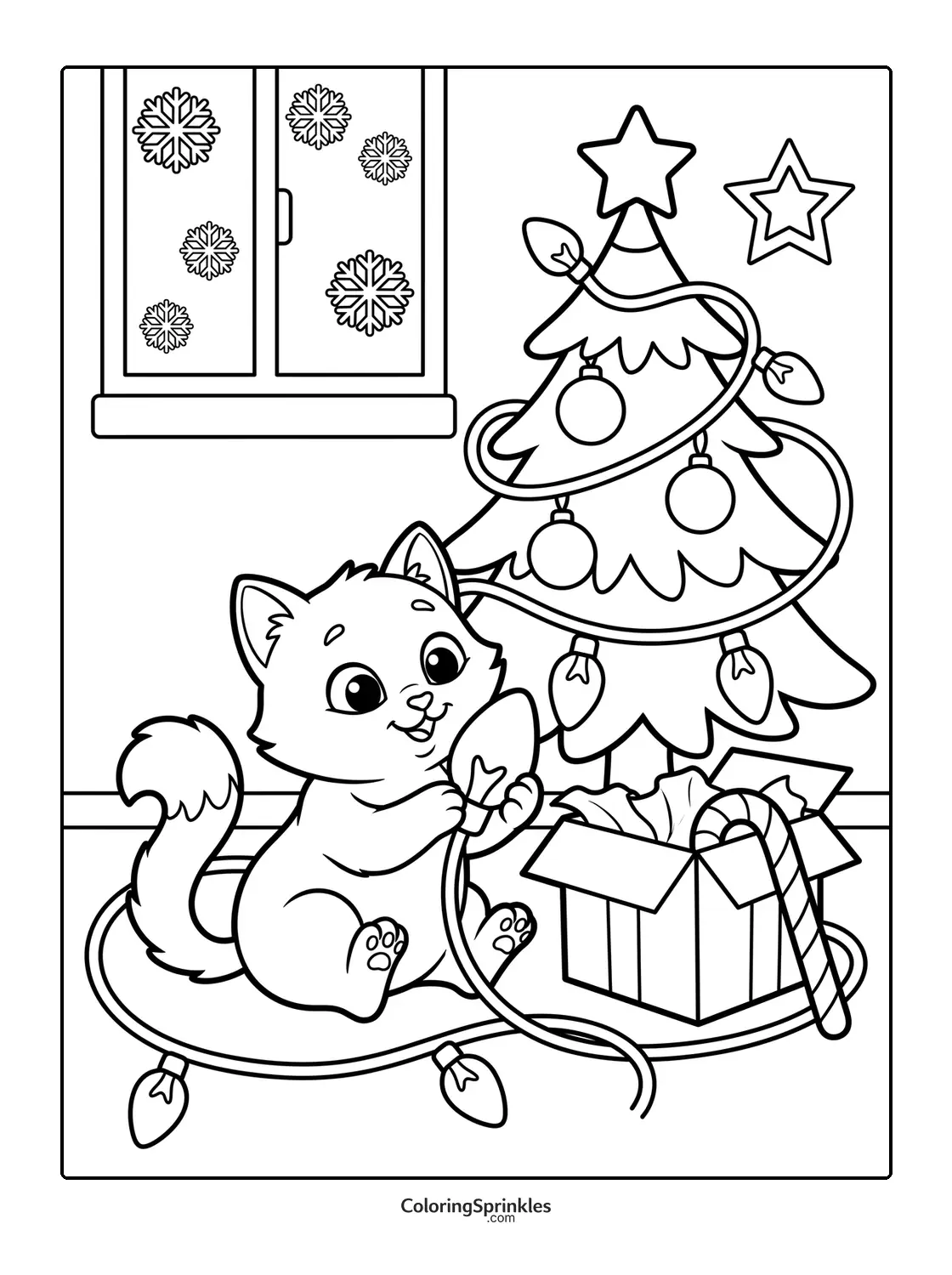 Coloring page of a Christmas cat decorating a tree with lights