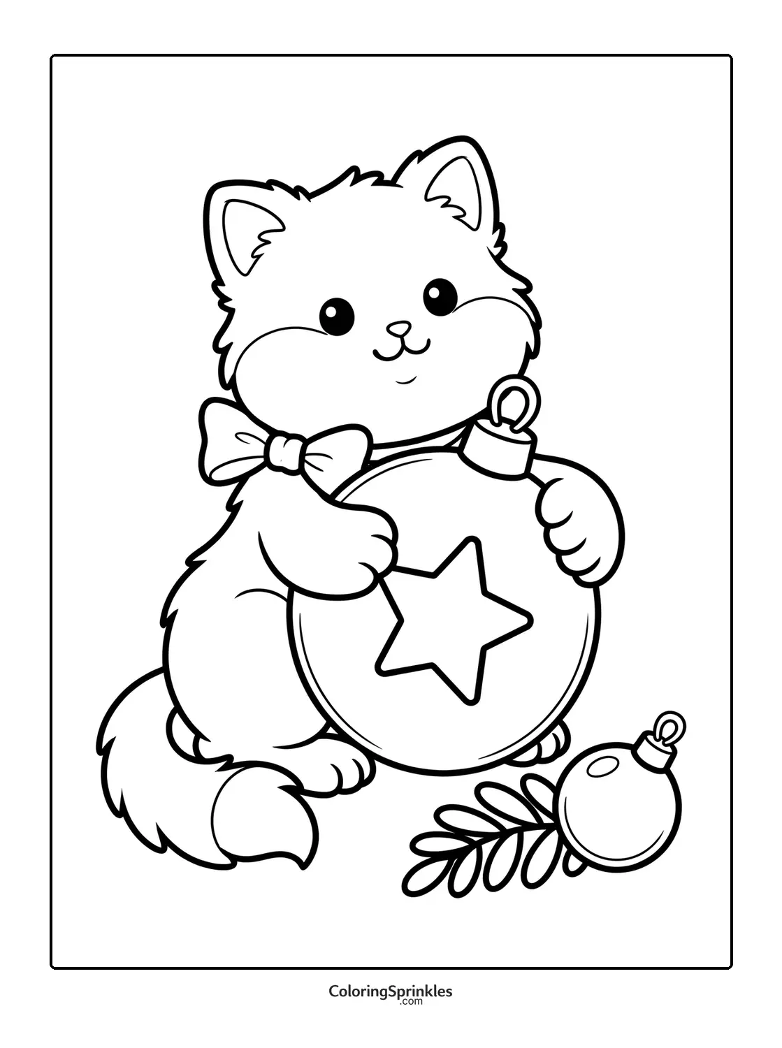 Coloring page of a Christmas cat holding a star ornament