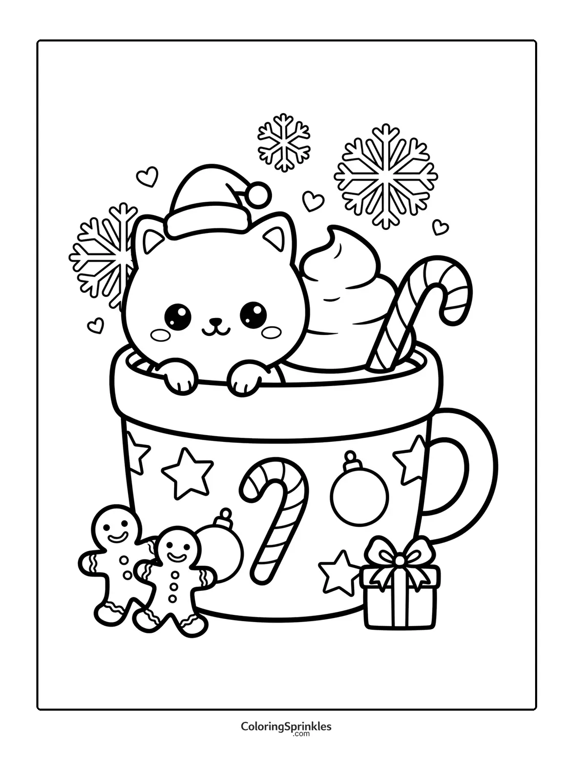 Coloring page of a Christmas cat in a hot chocolate cup with candy and gingerbread