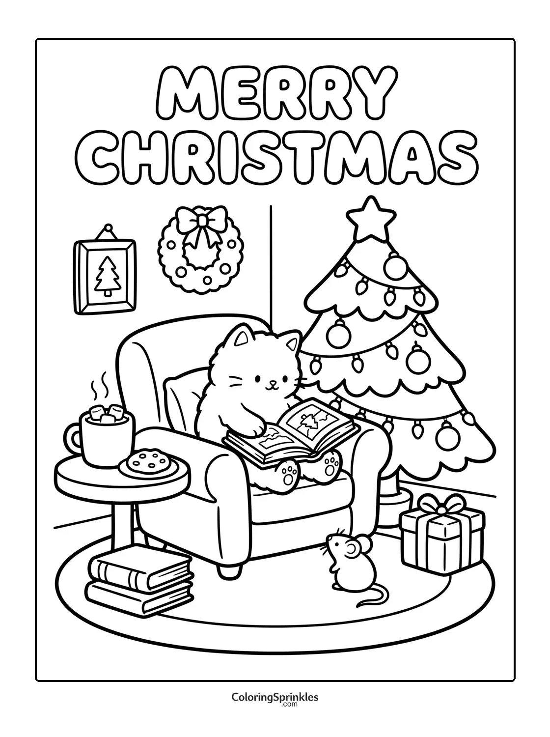 Coloring page of a Christmas cat reading a book in a chair near a decorated tree and a mouse