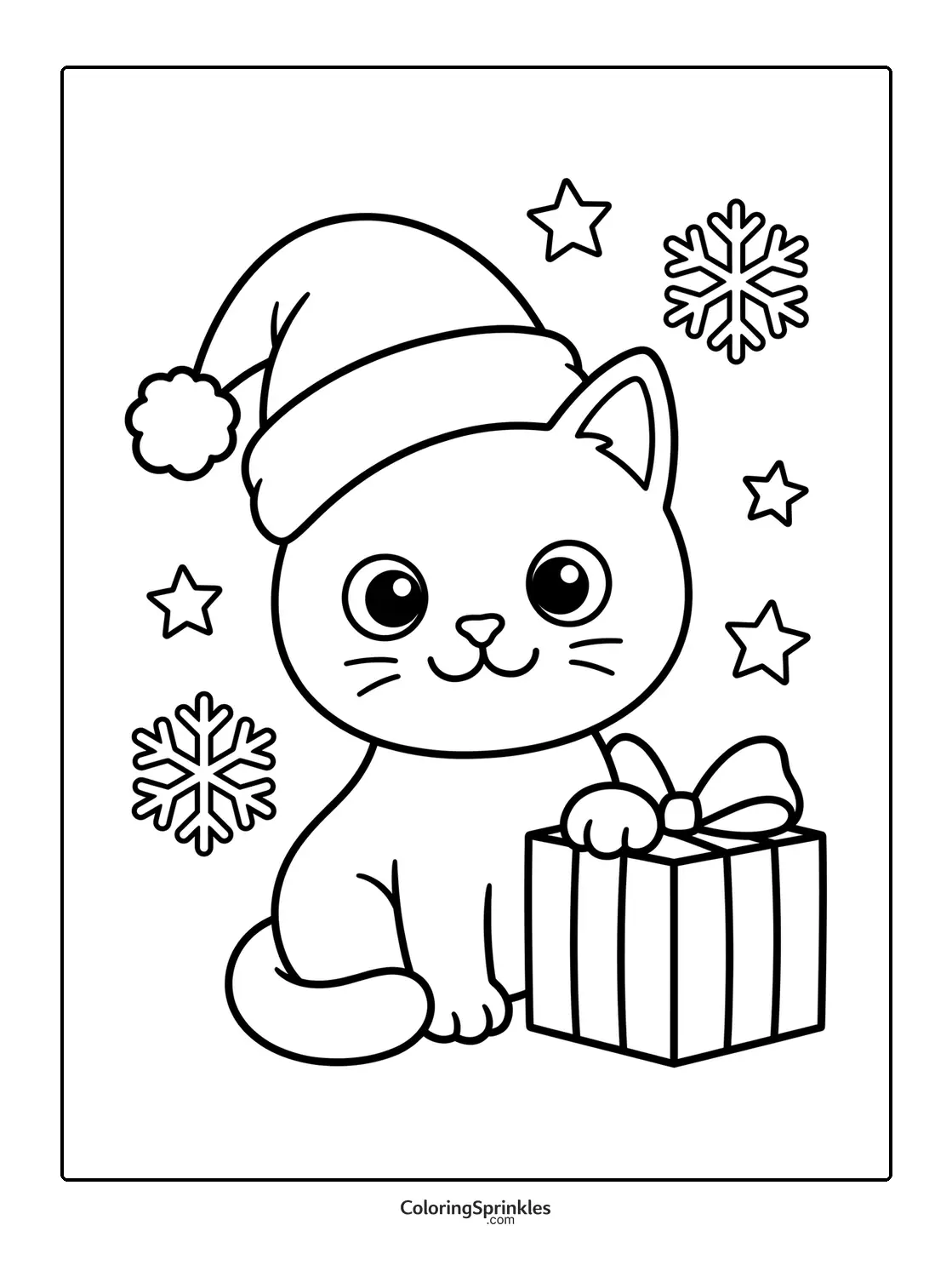 Coloring page of a Christmas cat wearing a Santa hat with a gift box and snowflakes