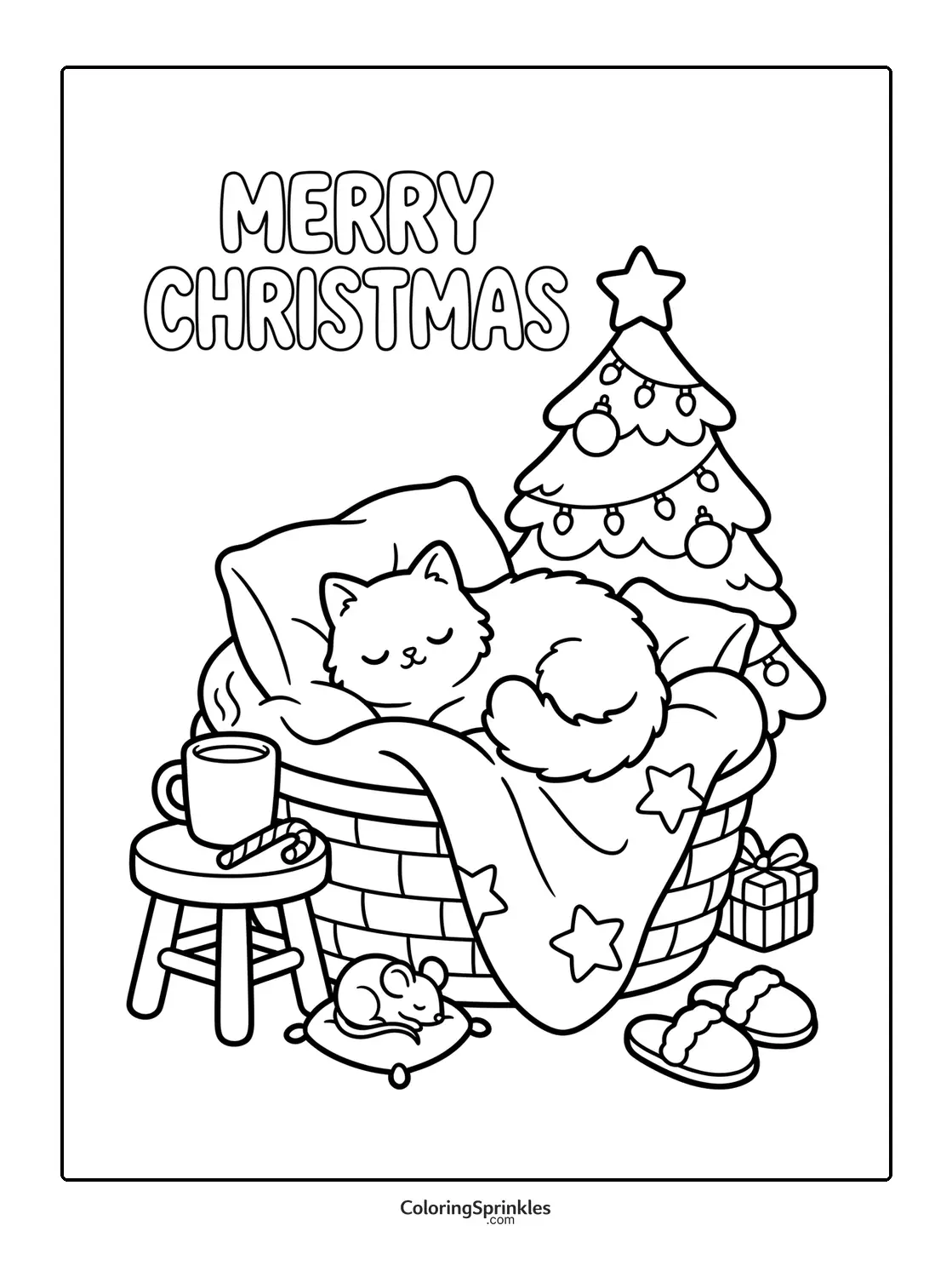 Coloring page of a Christmas cat sleeping in a basket near a decorated tree