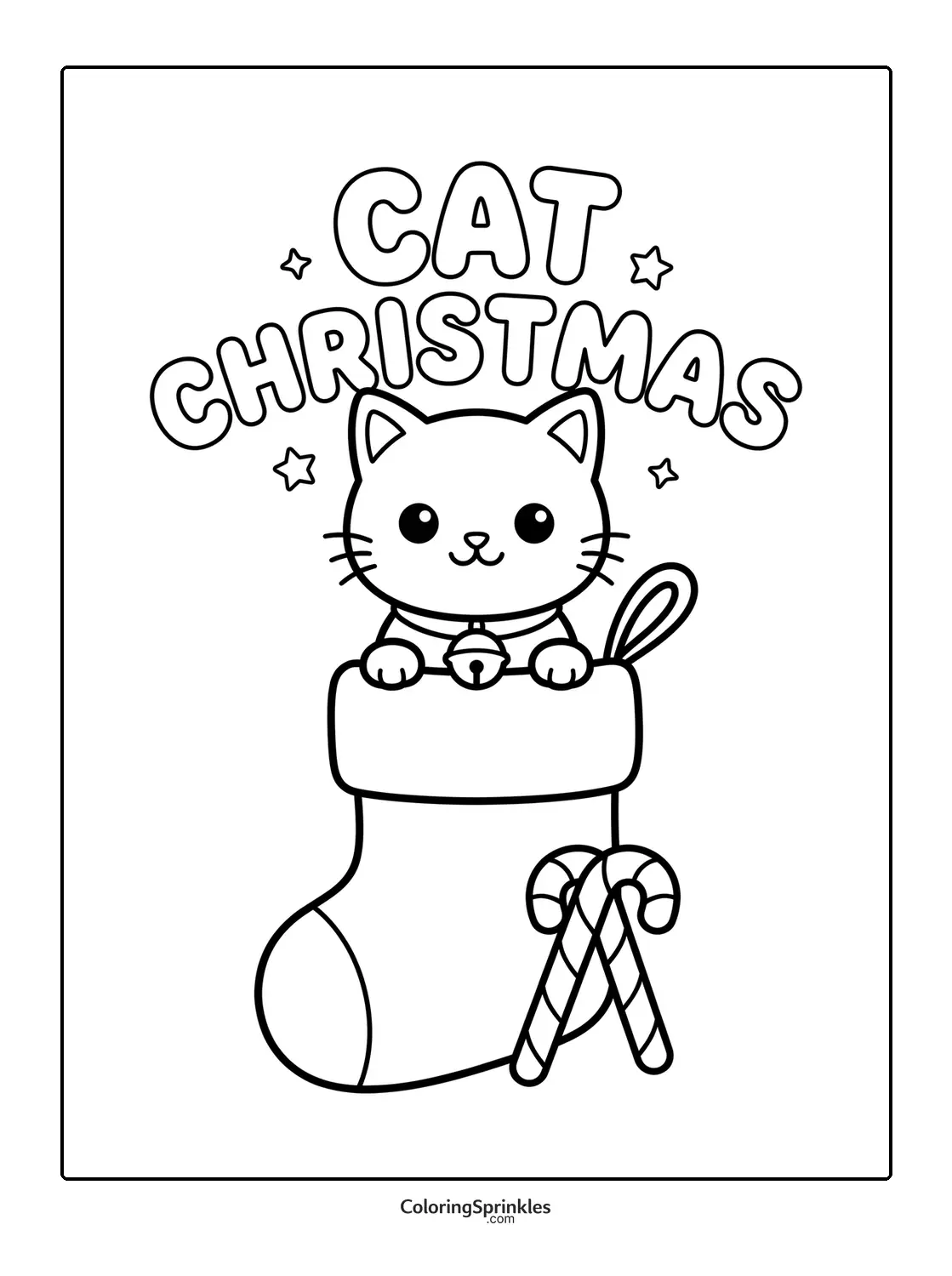 Coloring page of a Christmas cat peeking out of a stocking with candy canes