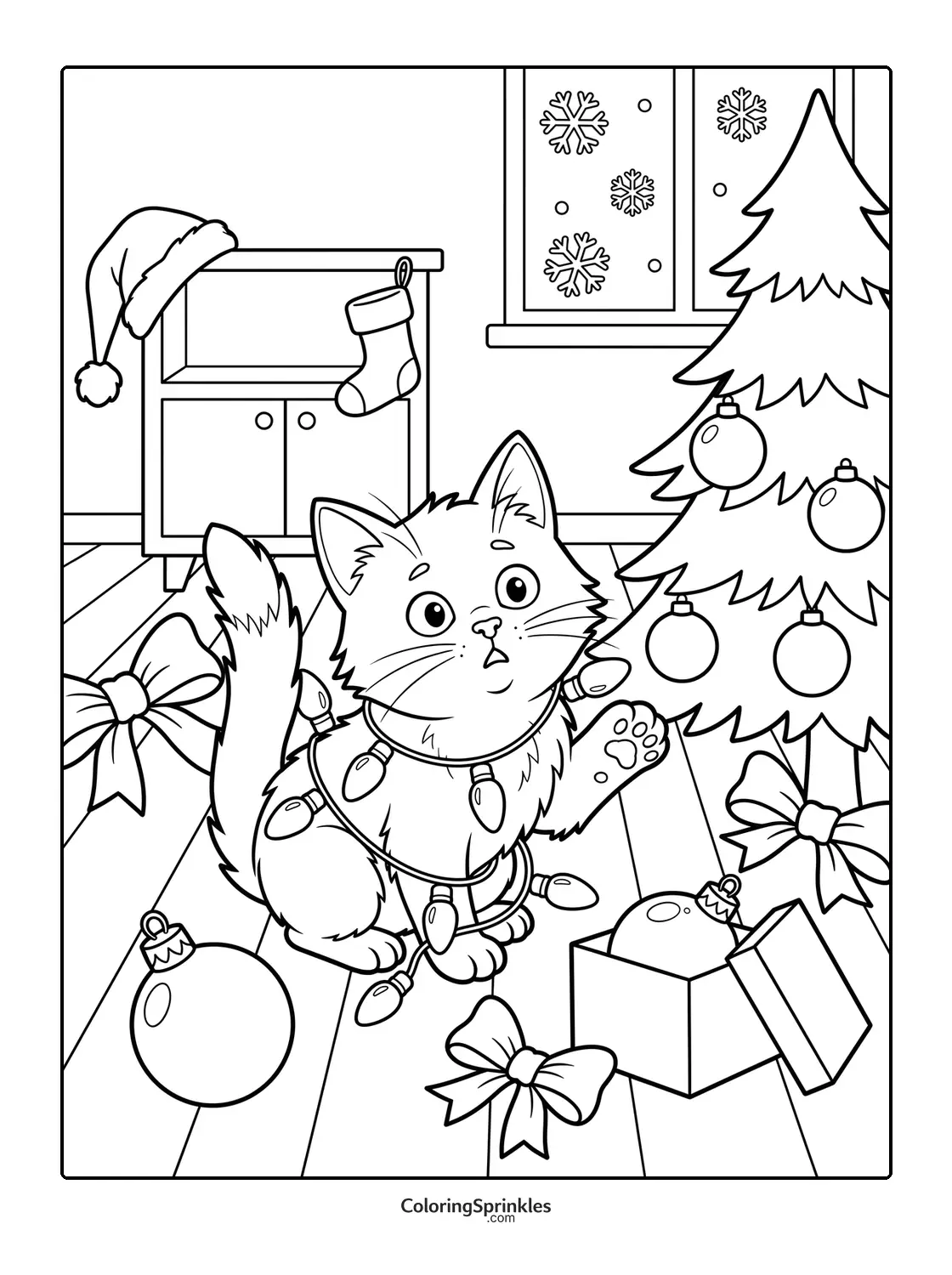 Coloring page of a Christmas cat tangled in lights near a decorated tree