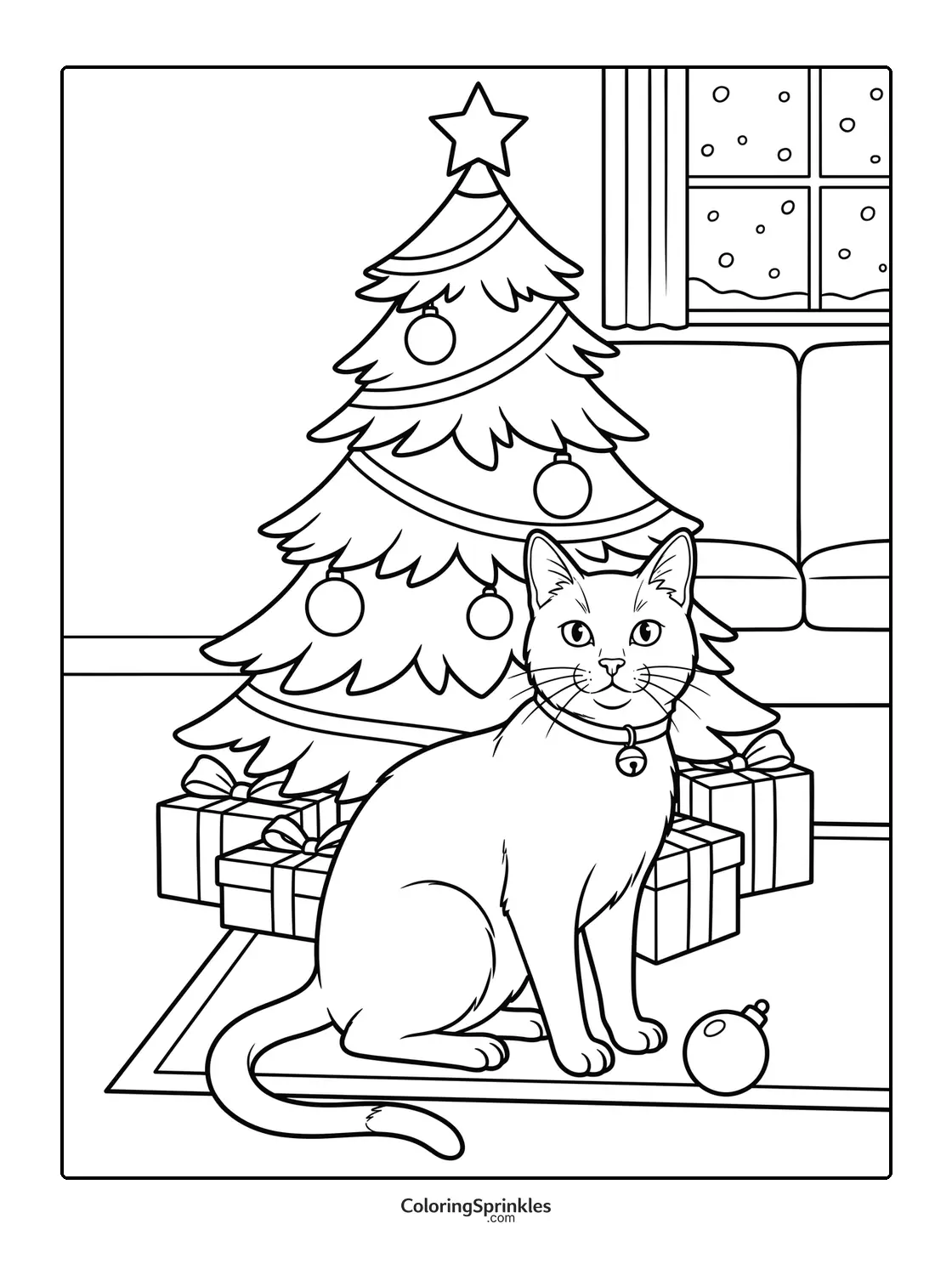Coloring page of a cat sitting by a Christmas tree with presents and a snowy window