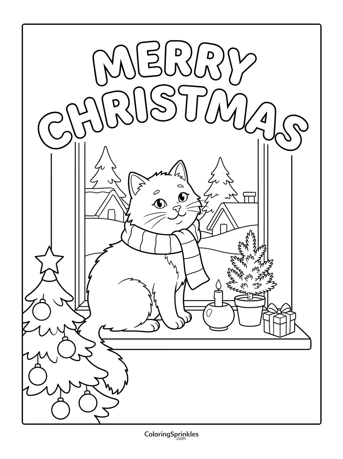 Coloring page of a Christmas cat sitting on a window sill with a scarf and holiday decorations