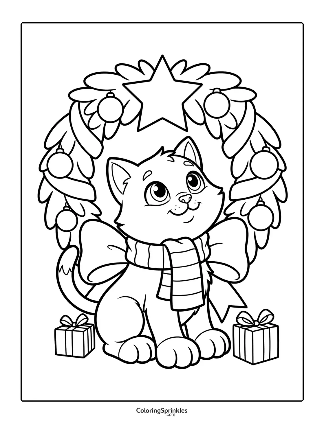 Coloring page of a Christmas cat sitting inside a decorated wreath with gifts