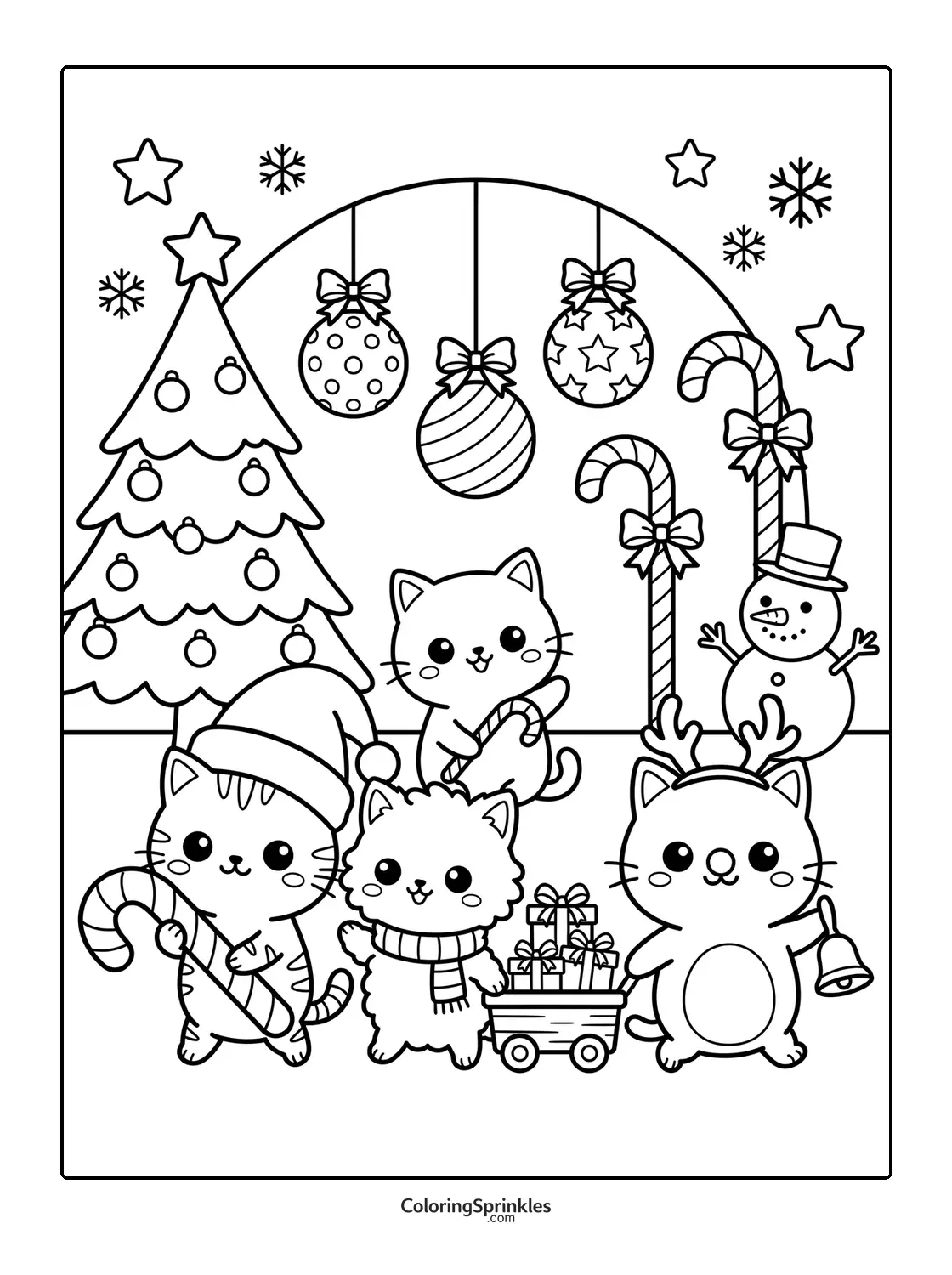Coloring page of Christmas cats with candy canes near a decorated tree and snowman