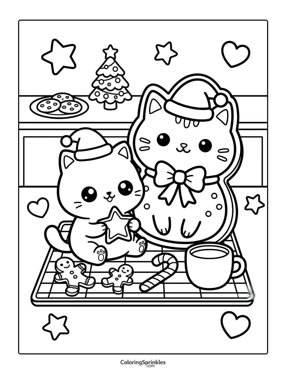 Coloring page of Christmas cats with cookies and a cup on a cupboard
