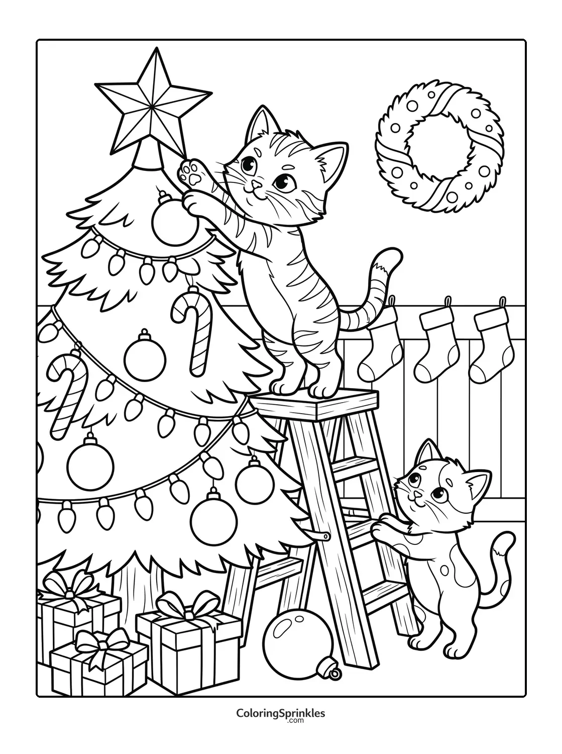 Coloring page of Christmas cats decorating a tree with presents