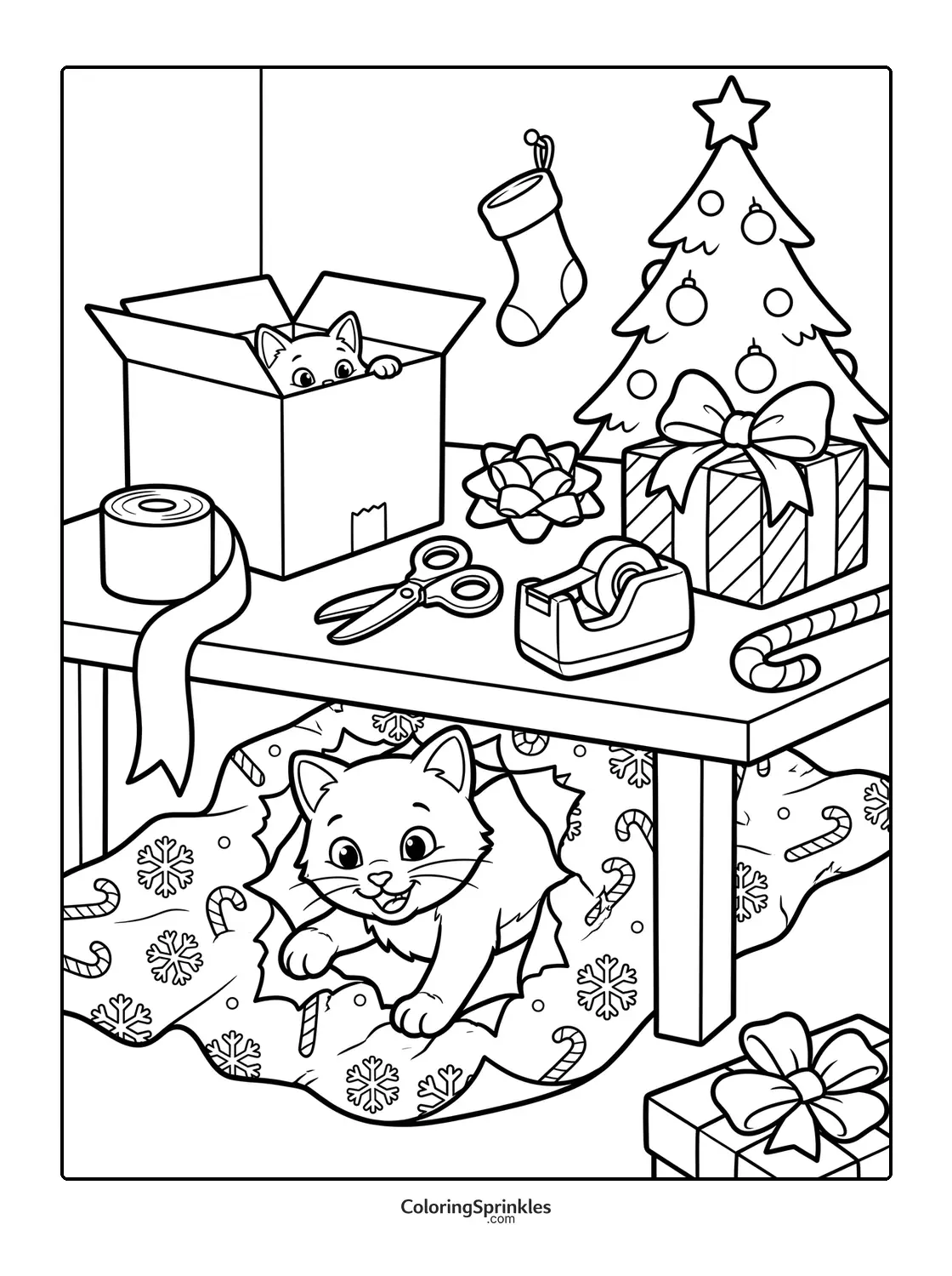 Coloring page of Christmas cats playing with gift wrapping near a decorated tree