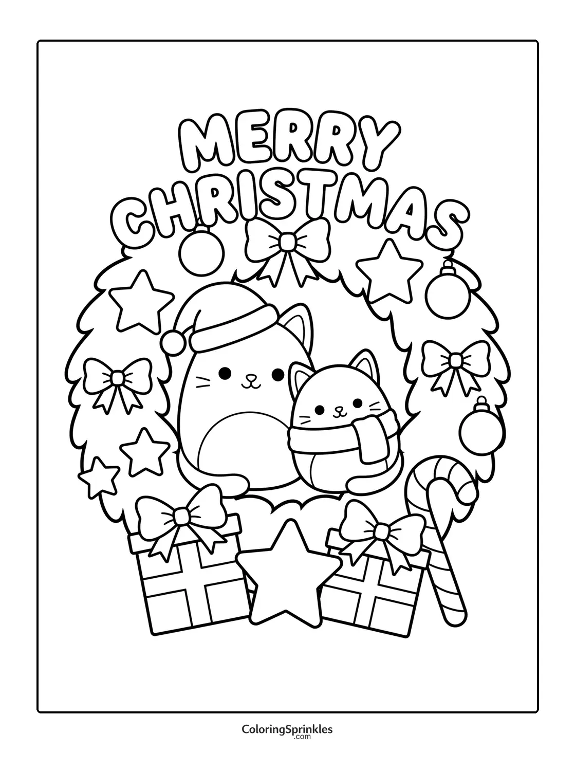 Coloring page of two Christmas cats inside a decorated wreath with gifts and a candy cane