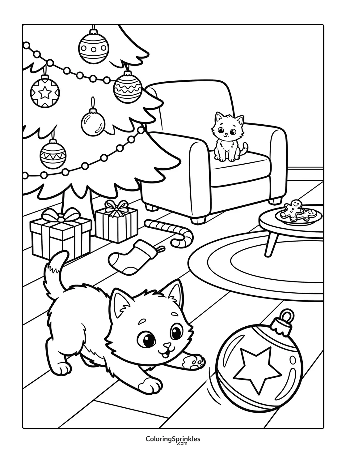 Coloring page of Christmas kittens playing near a decorated tree with gifts