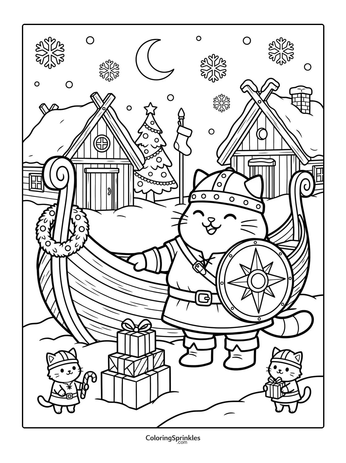 Coloring page of a Viking cat standing by a boat with Christmas gifts in a snowy village