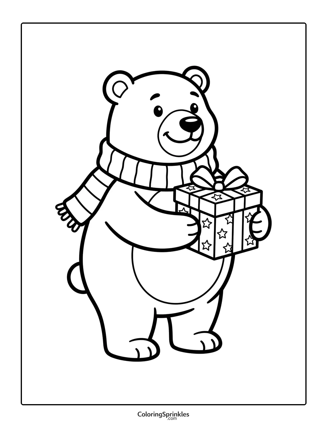 Coloring page of a bear wearing a scarf and holding a wrapped gift box