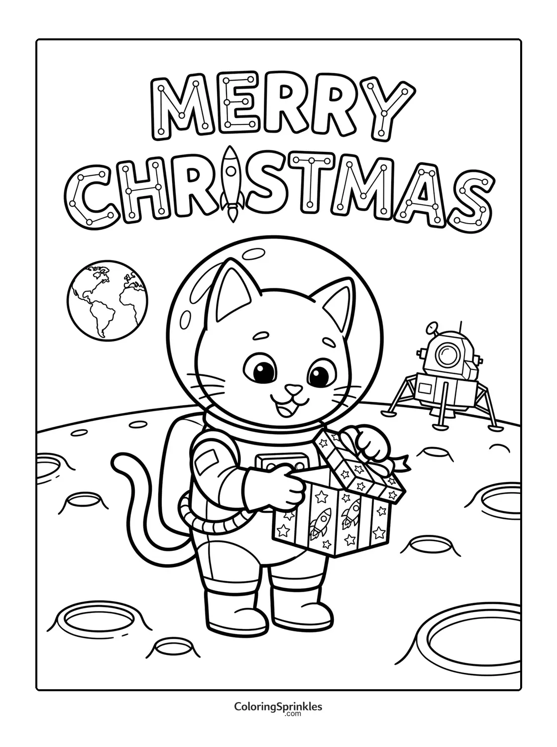 Coloring page of a cat astronaut opening a Christmas gift on the moon