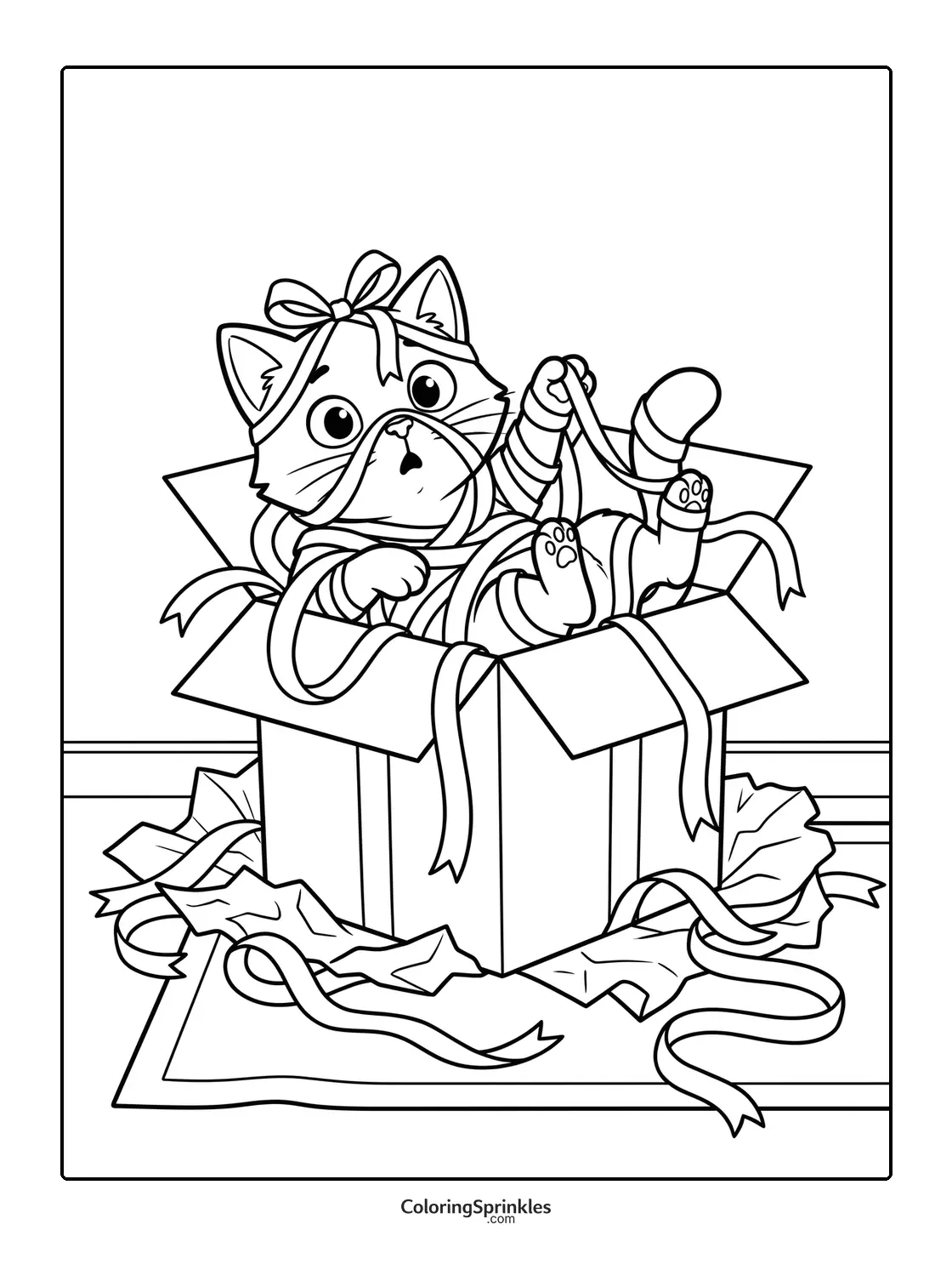 Coloring page of a cat tangled in ribbons inside a gift box
