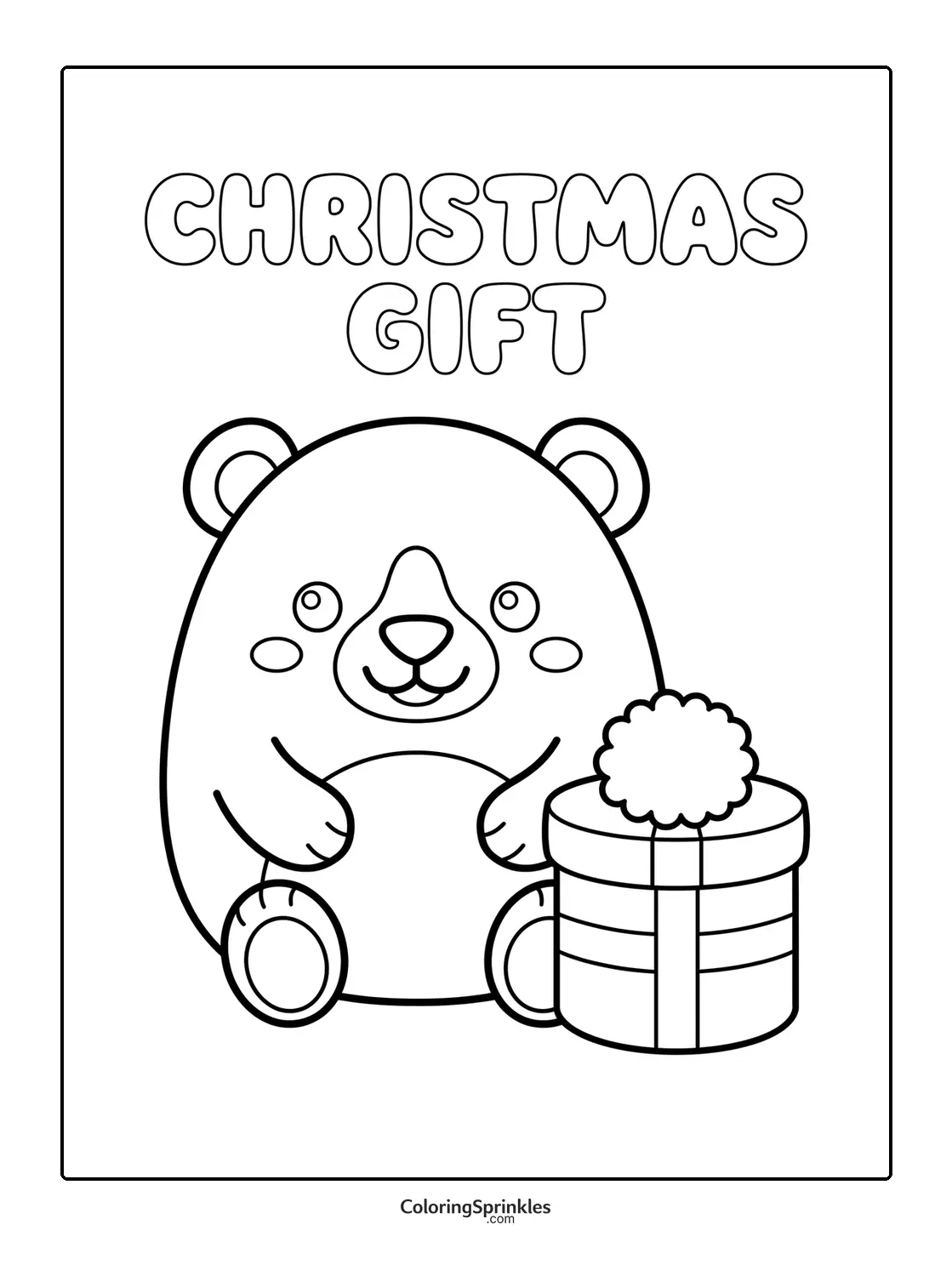 Coloring page of a bear with a Christmas gift box