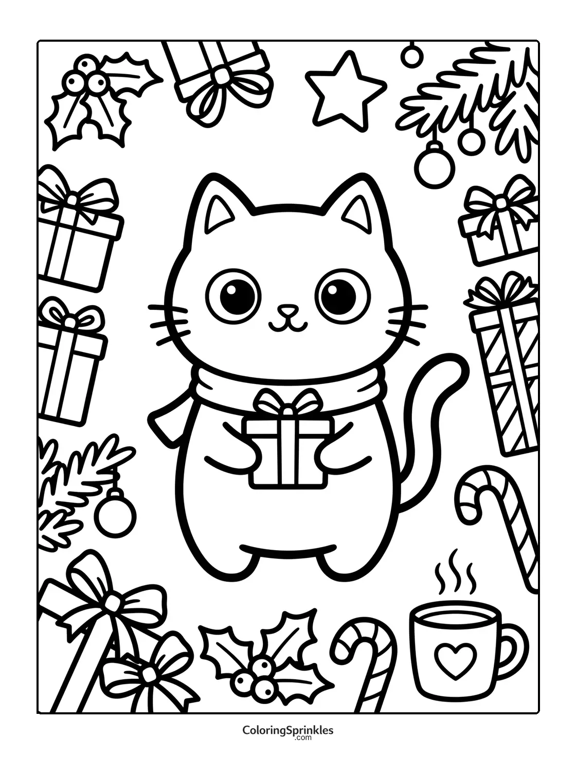 Printable coloring page of a cute cat holding a gift box surrounded by Christmas decorations