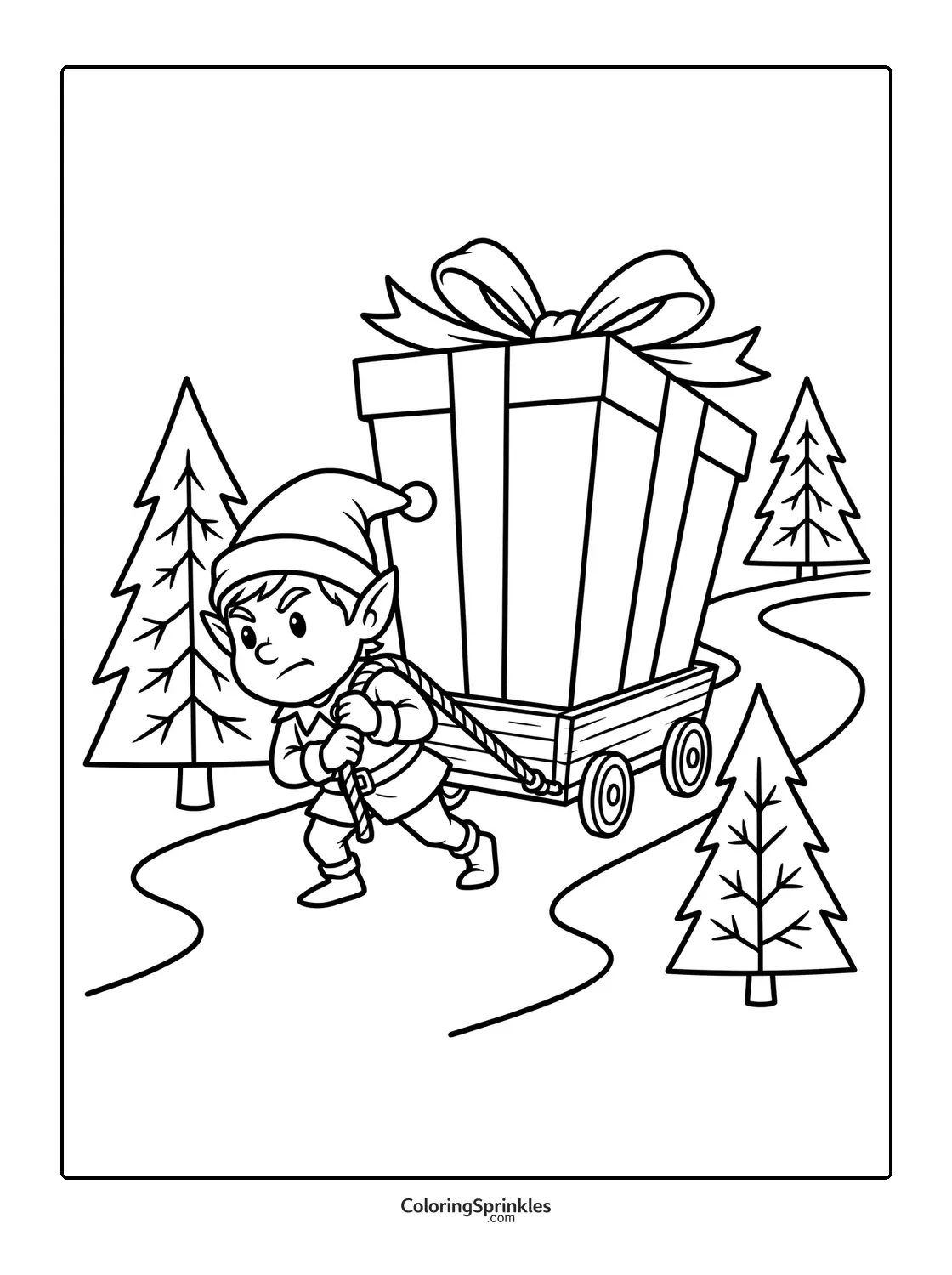Coloring page of a Christmas elf pulling a wagon with a giant gift among trees