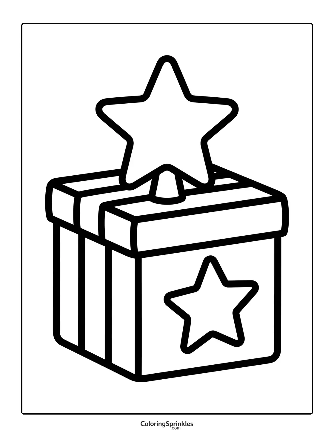 Coloring page of a Christmas gift box with star decorations